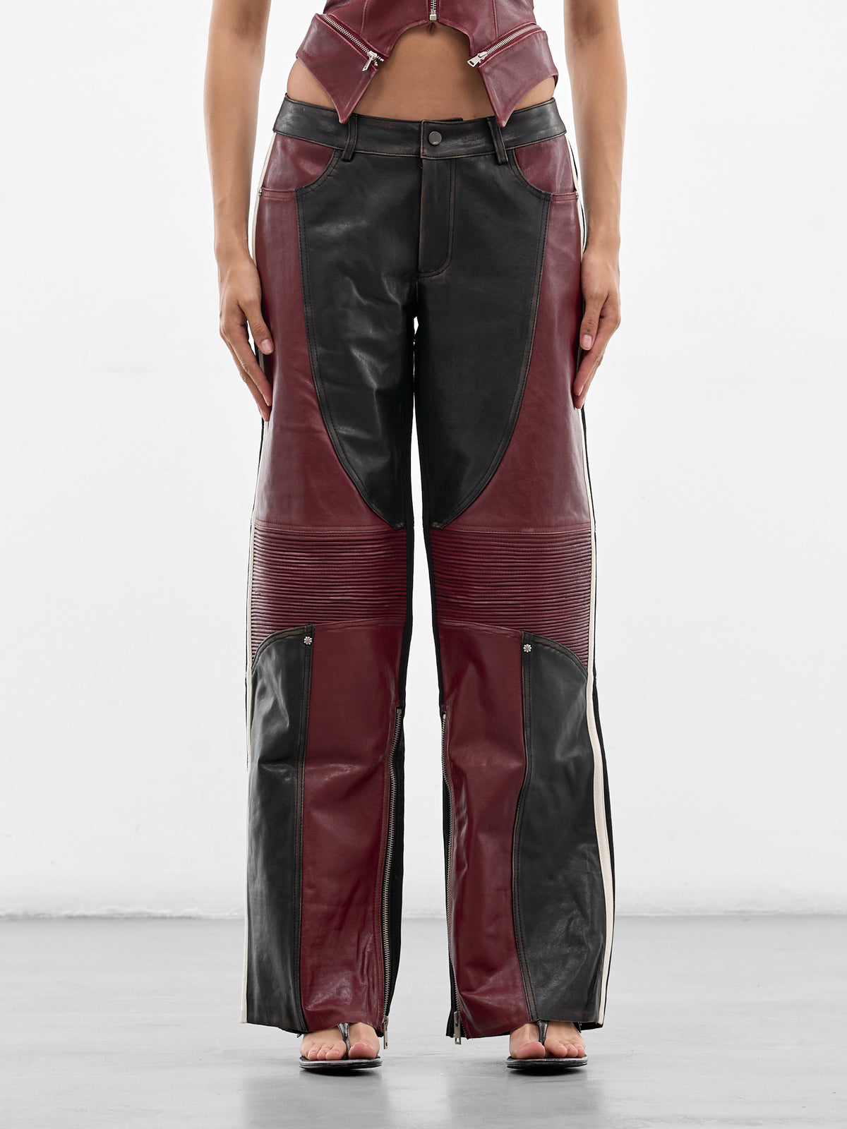 Leather & Wool Patchwork Rider Pants (SS26-PA-03-BLACK-RED)