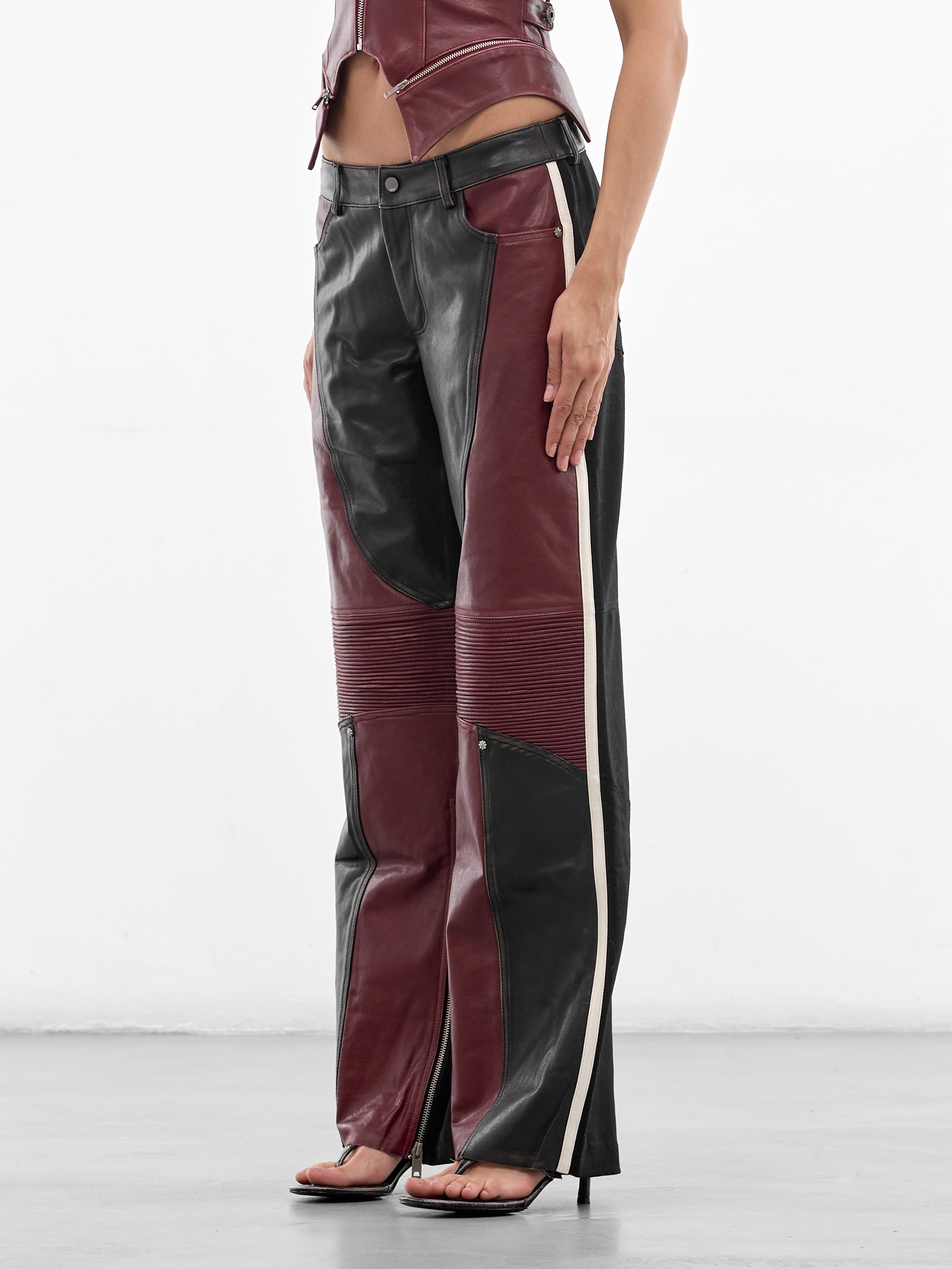 Leather & Wool Patchwork Rider Pants (SS26-PA-03-BLACK-RED)