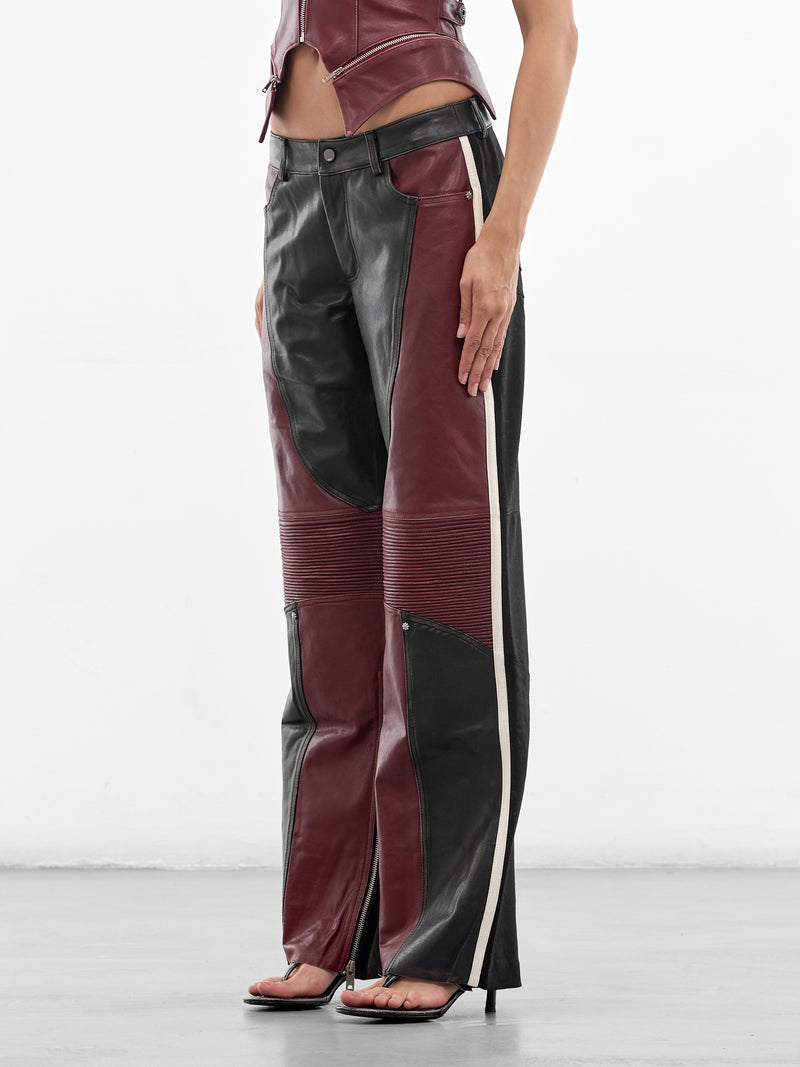 Leather & Wool Patchwork Rider Pants (SS26-PA-03-BLACK-RED)