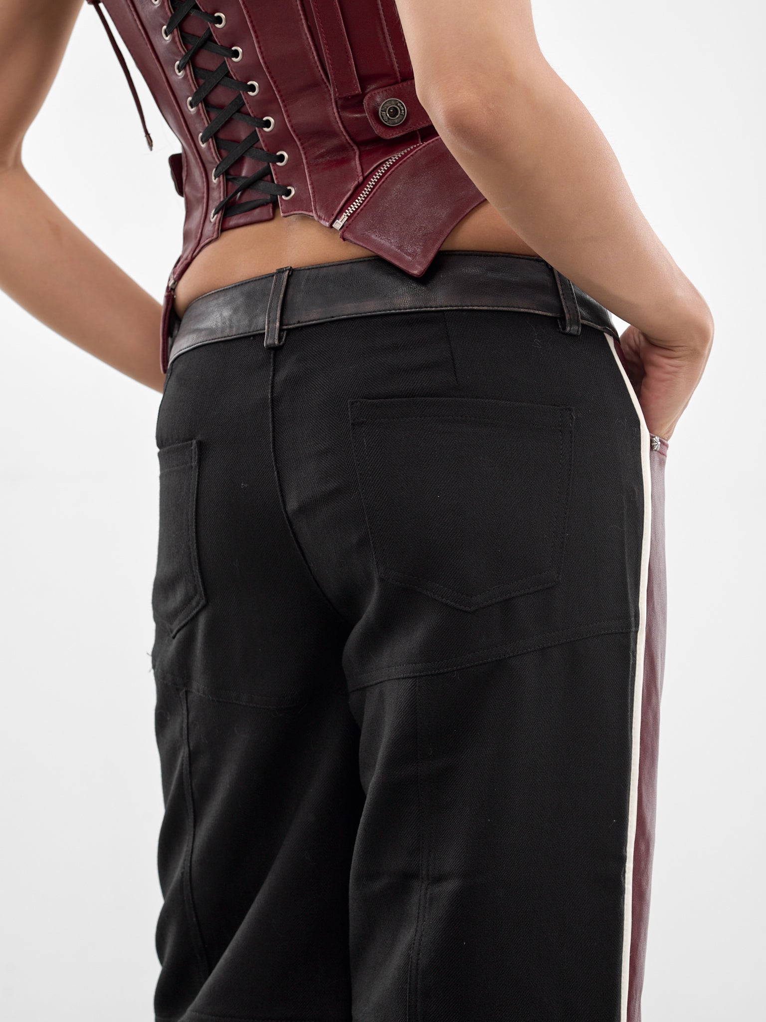 Leather & Wool Patchwork Rider Pants (SS26-PA-03-BLACK-RED)