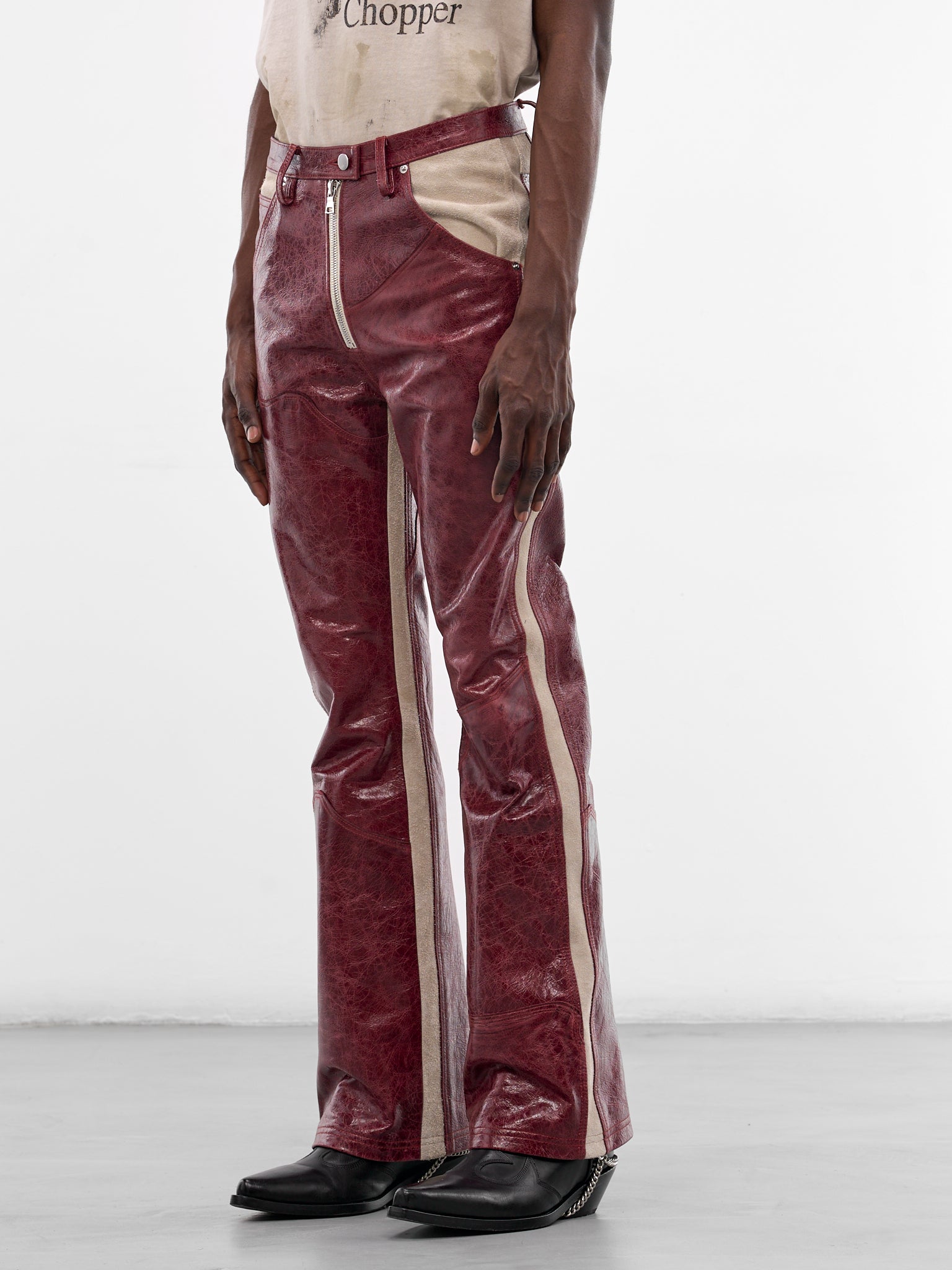 Burgundy Leather Western Flare Pants (SS26-PNT11-BURGUNDY)