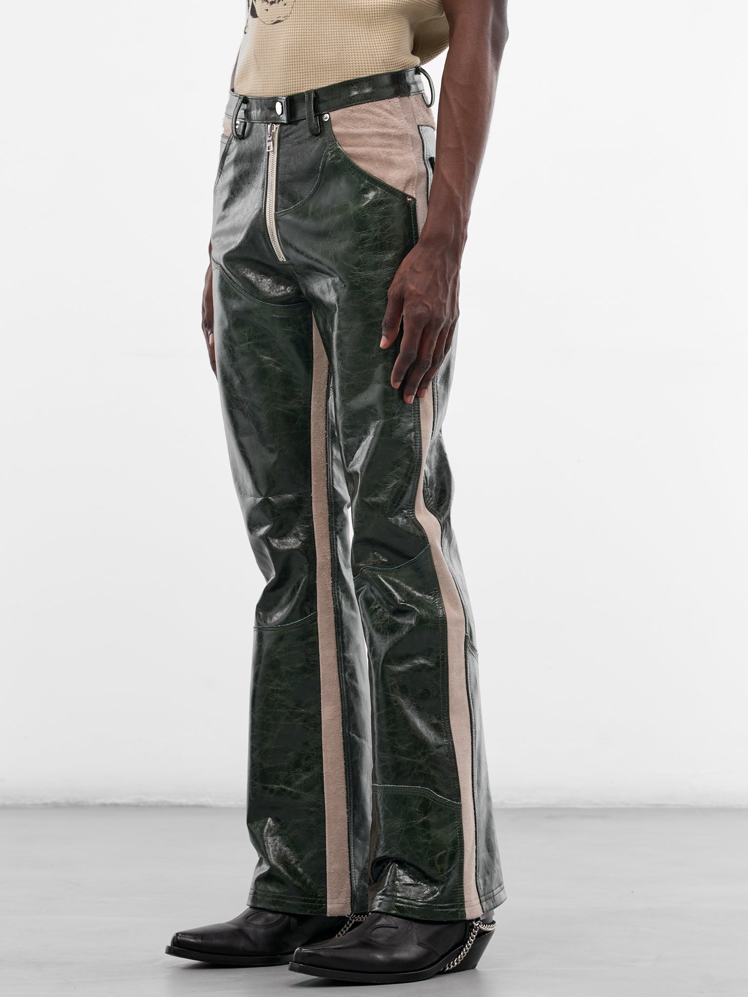 Green Leather Western Flare Pants (SS26-PNT11-GRN)