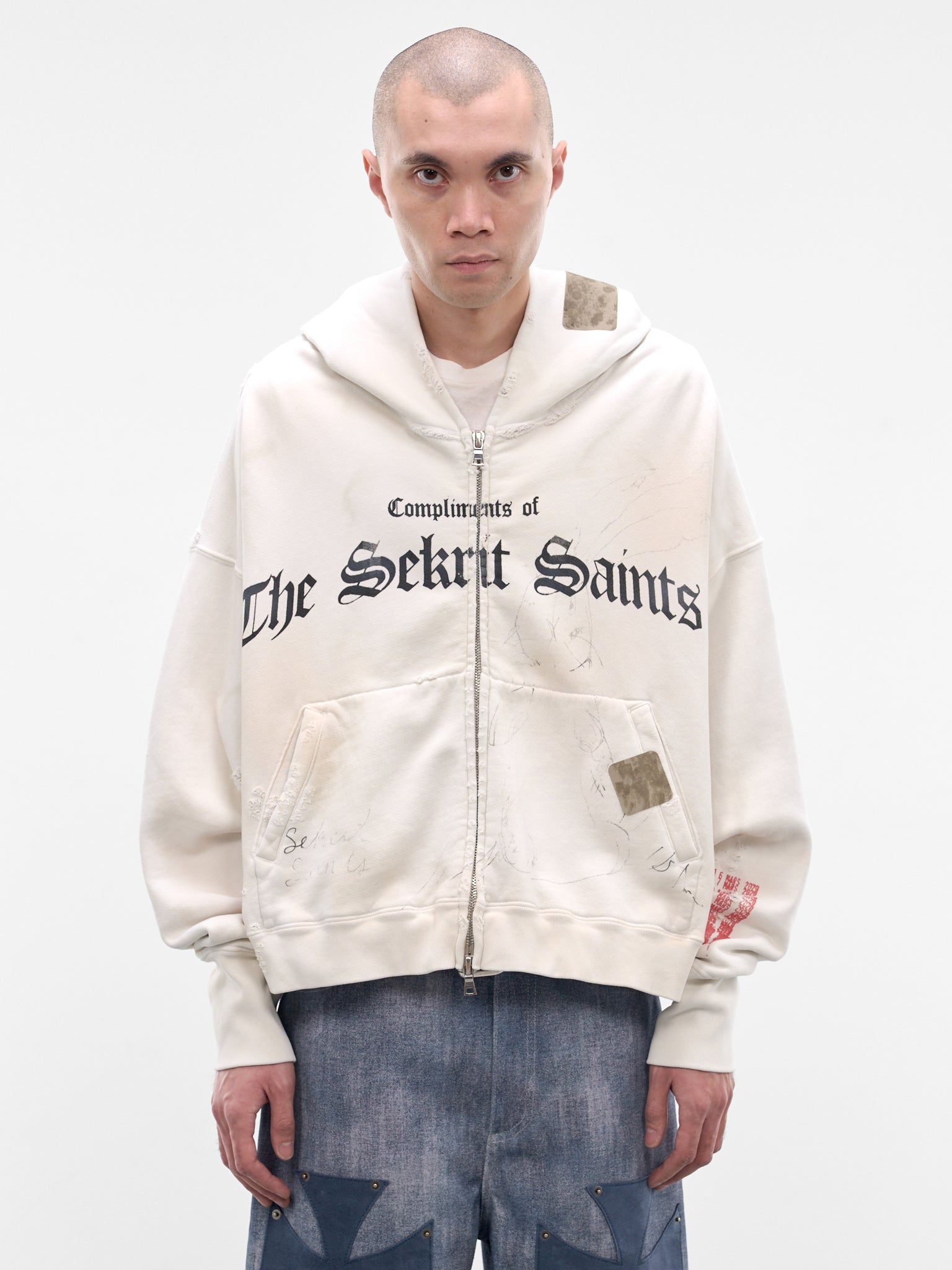 White Distressed Stamp Zip Hoodie (SS26-SEK-HD02-WHITE)