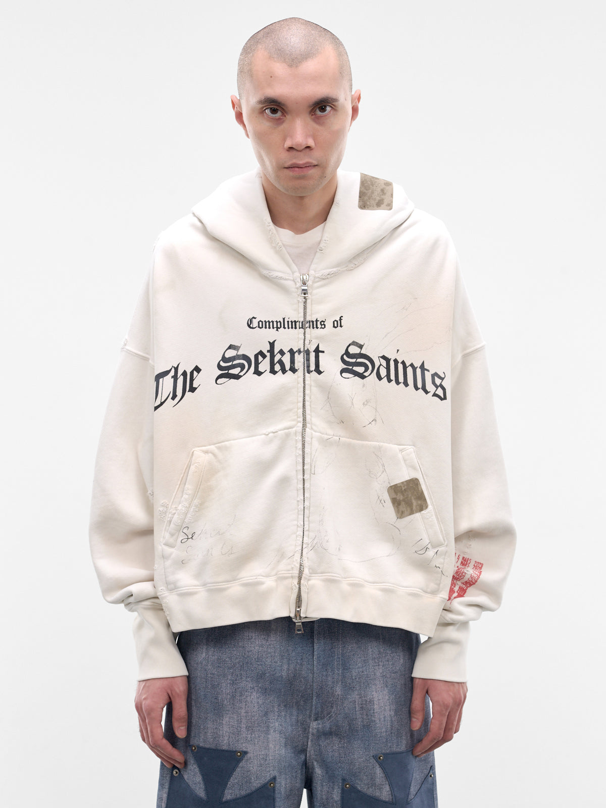 White Distressed Stamp Zip Hoodie (SS26-SEK-HD02-WHITE)