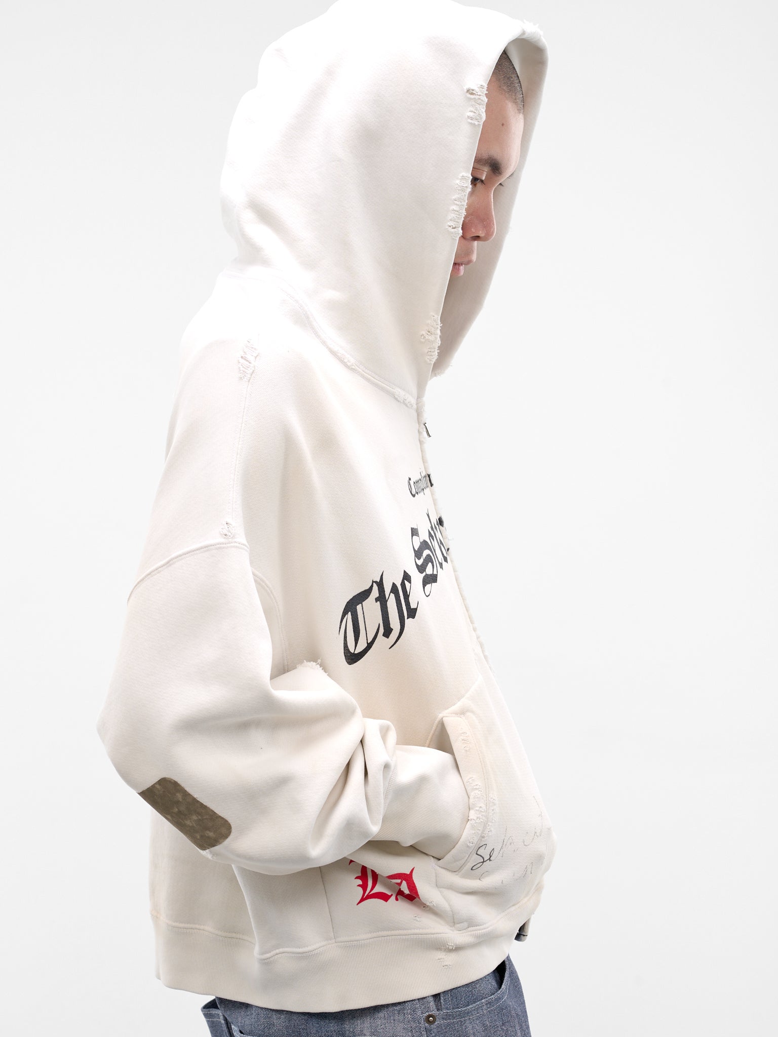 White Distressed Stamp Zip Hoodie (SS26-SEK-HD02-WHITE)