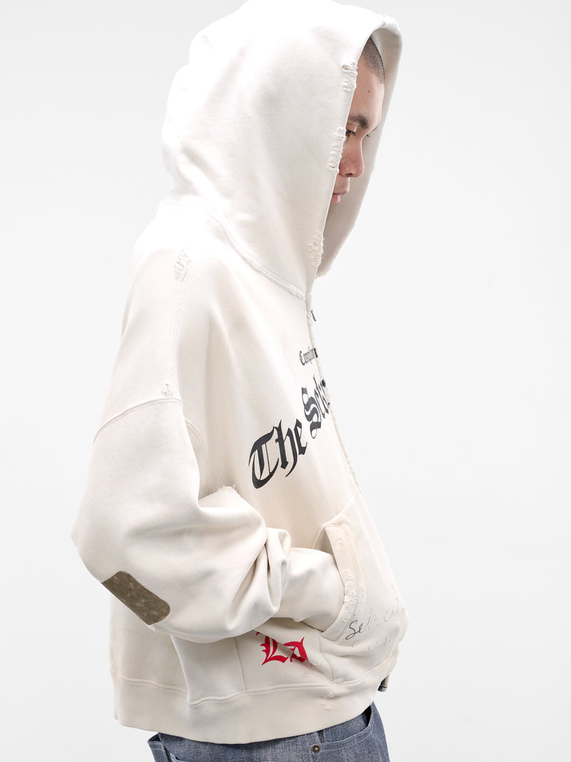White Distressed Stamp Zip Hoodie (SS26-SEK-HD02-WHITE)