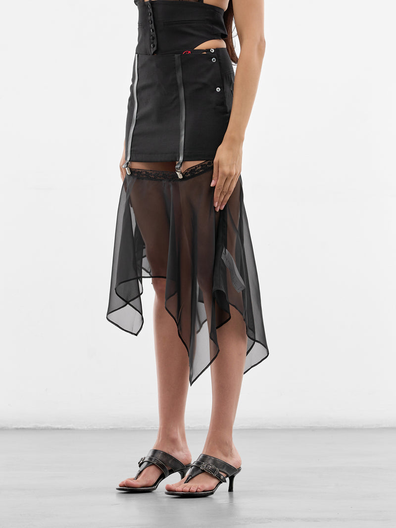 Black Wool & Sheer Suspender Skirt (SS26-SK-02-BLACK)