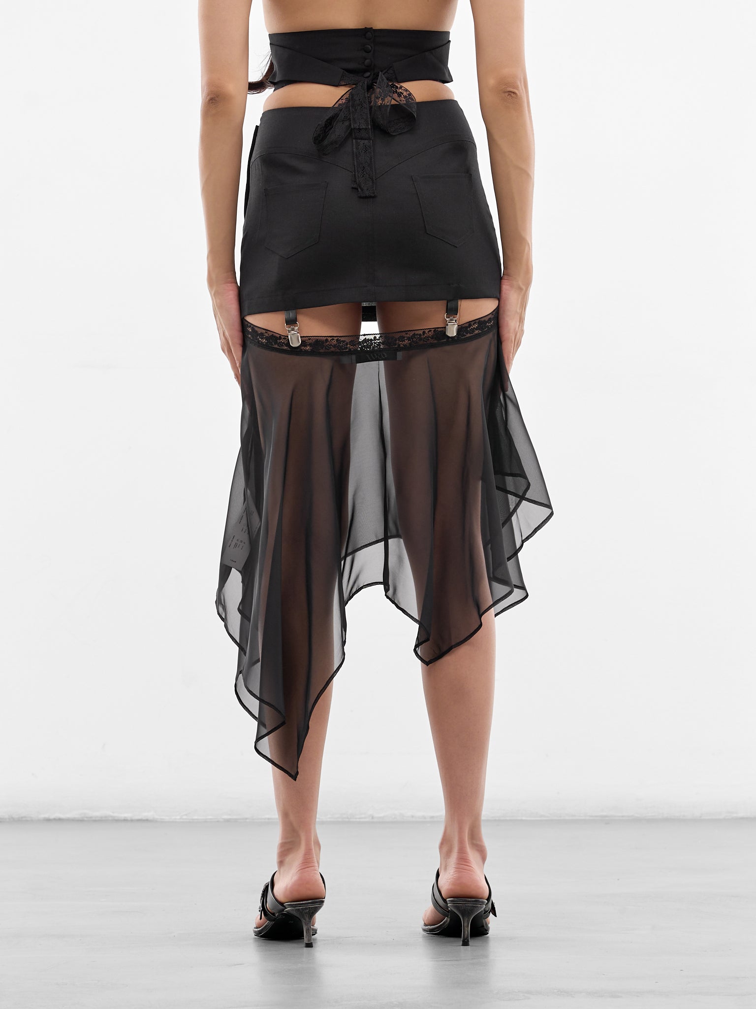 Black Wool & Sheer Suspender Skirt (SS26-SK-02-BLACK)
