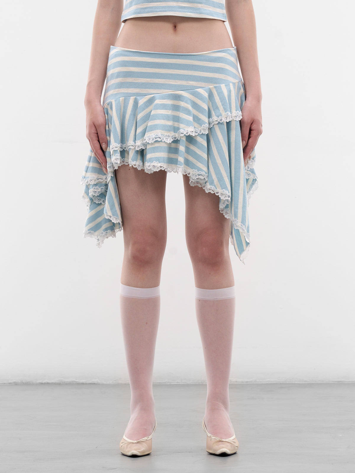 Asymmetric Lace Trim Flounce Skirt (SS2600SK08-BLUE-WHITE)