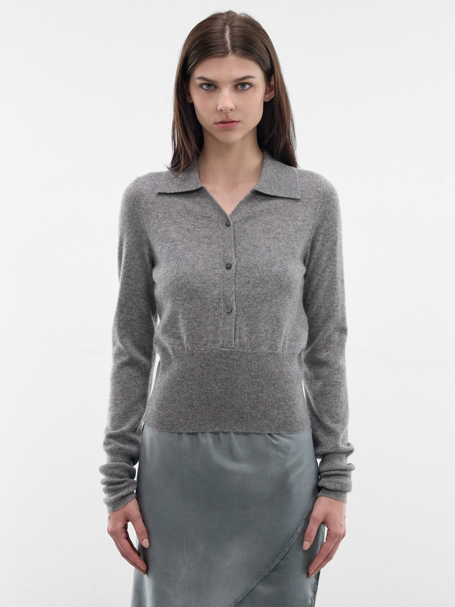 Gray Cashmere Knit Polo Sweater (ST02-3K-ELEPHANT-GREY)