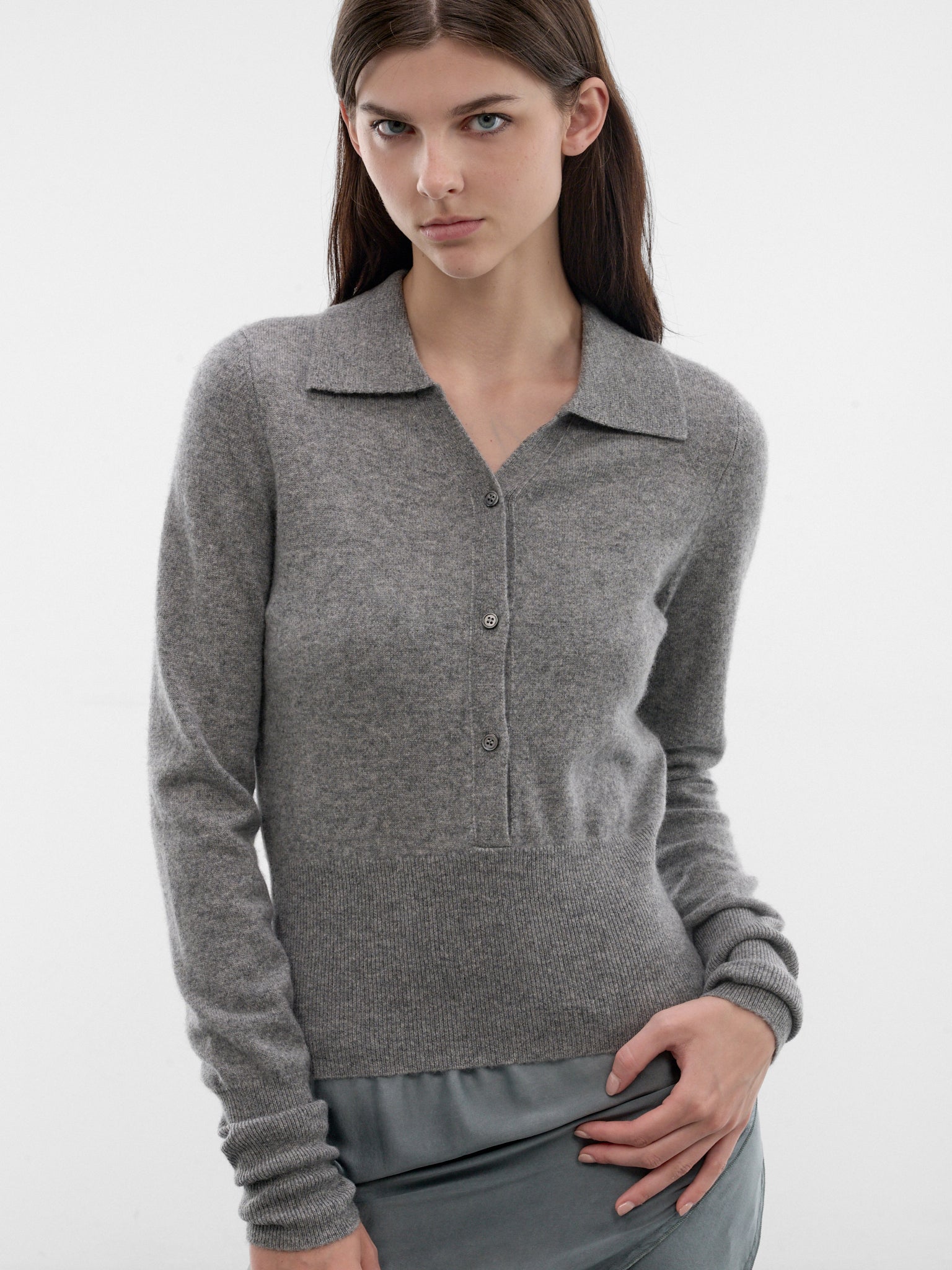 Gray Cashmere Knit Polo Sweater (ST02-3K-ELEPHANT-GREY)
