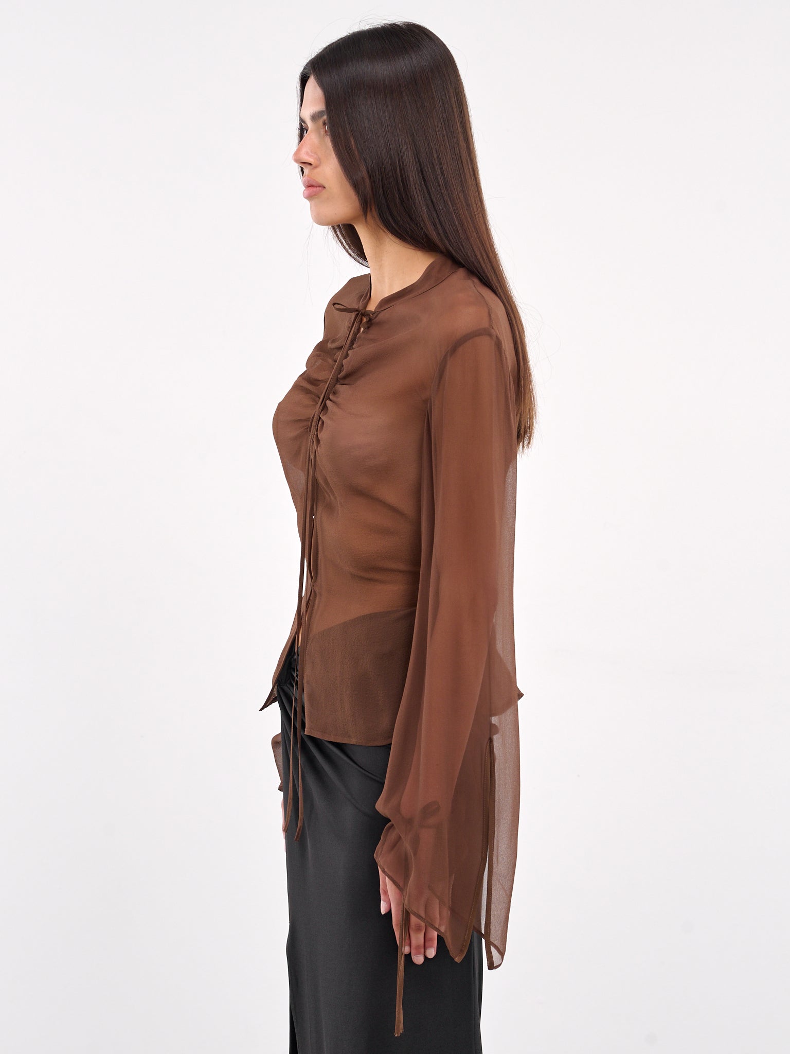 Tie-Fastened Gathering Georgette Shirt (ST07S1BR420-UMBER)