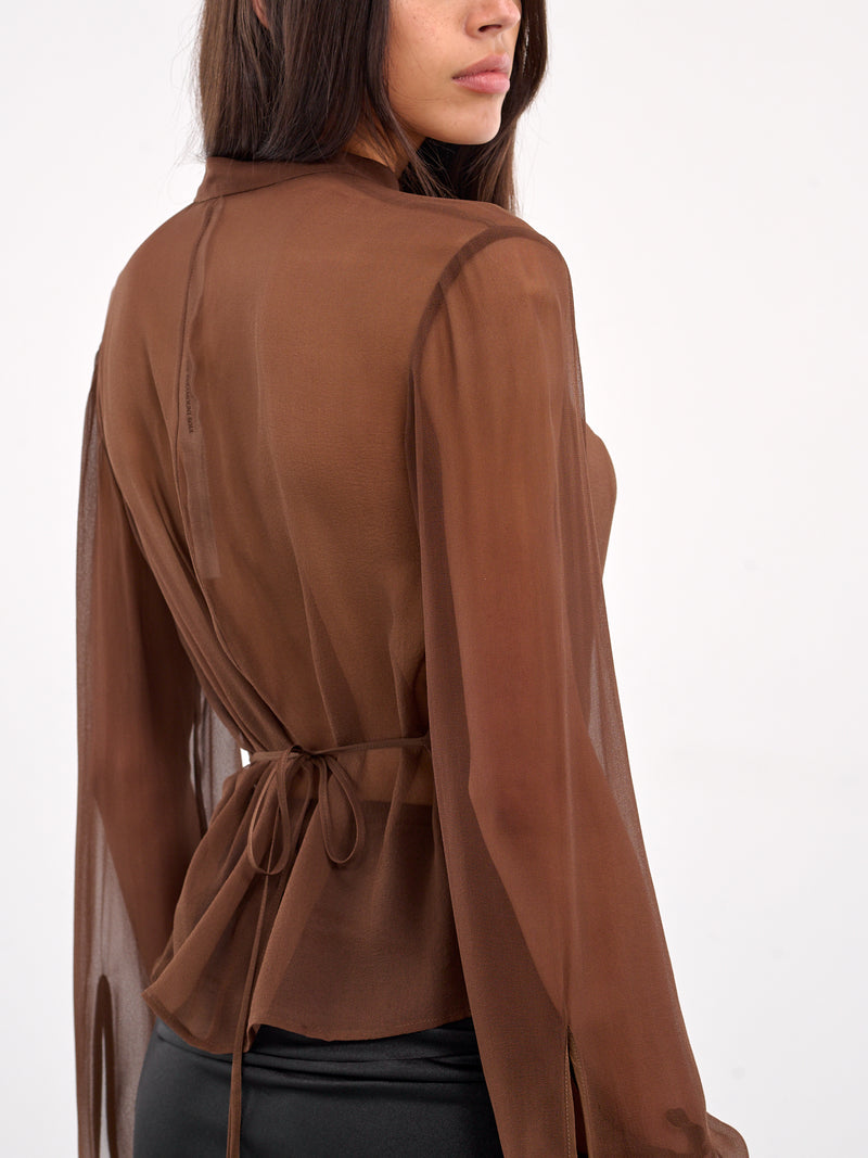 Tie-Fastened Gathering Georgette Shirt (ST07S1BR420-UMBER)