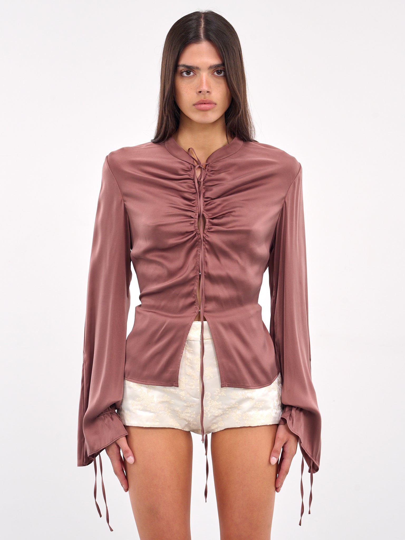 Tie-Fastened Gathered Silk Shirt (ST08S1PU780-GREY-PURPLE)