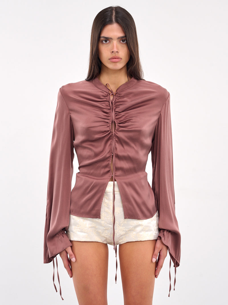 Tie-Fastened Gathered Silk Shirt (ST08S1PU780-GREY-PURPLE)