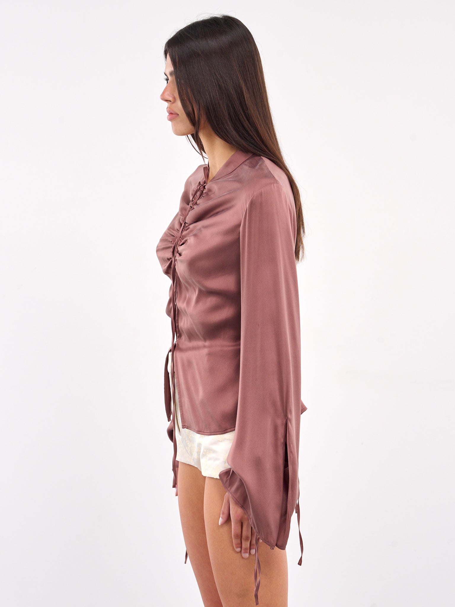 Tie-Fastened Gathered Silk Shirt (ST08S1PU780-GREY-PURPLE)