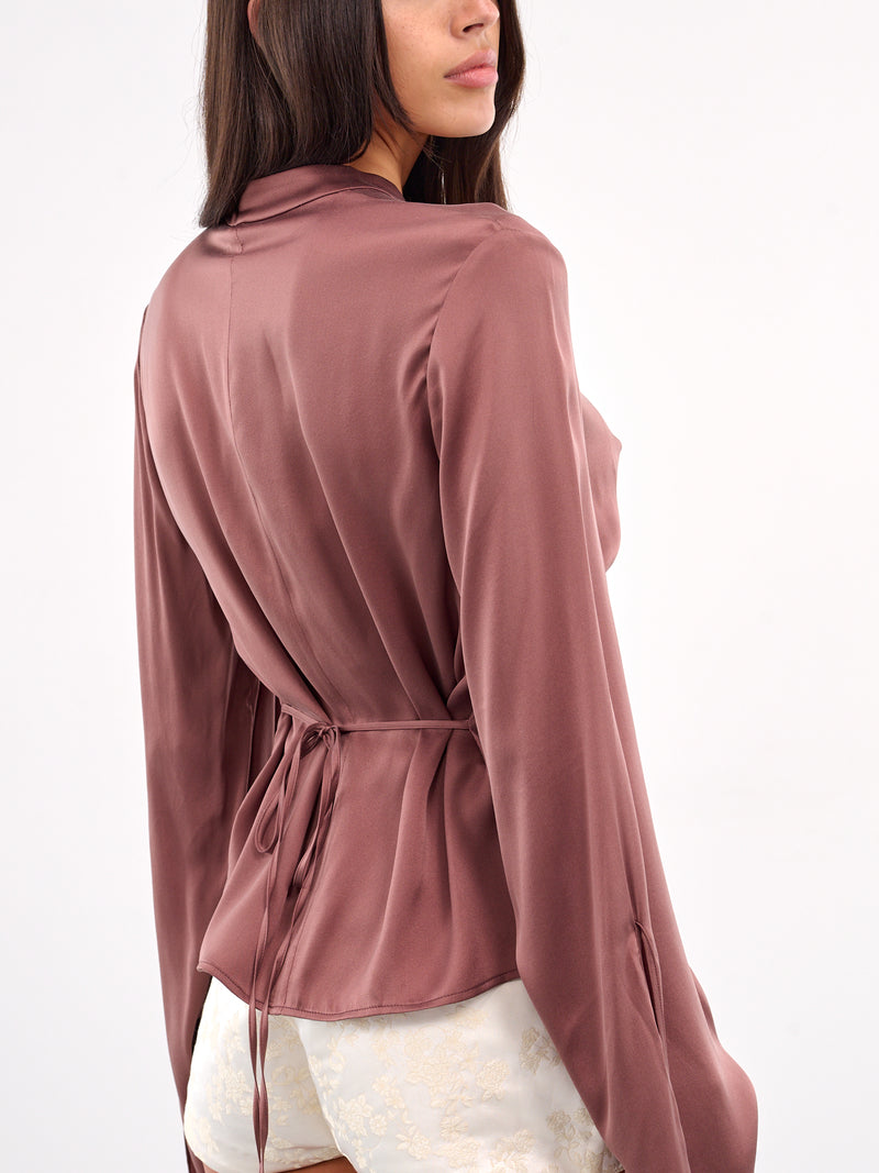 Tie-Fastened Gathered Silk Shirt (ST08S1PU780-GREY-PURPLE)