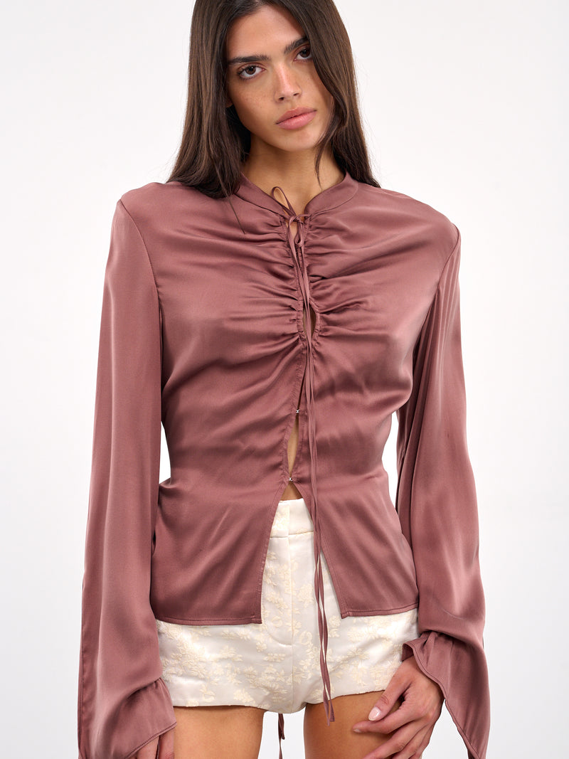 Tie-Fastened Gathered Silk Shirt (ST08S1PU780-GREY-PURPLE)