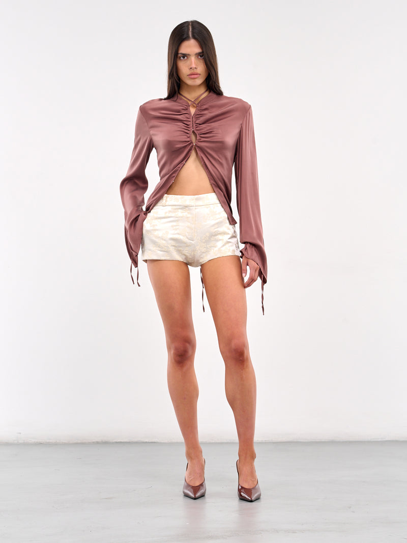 Tie-Fastened Gathered Silk Shirt (ST08S1PU780-GREY-PURPLE)