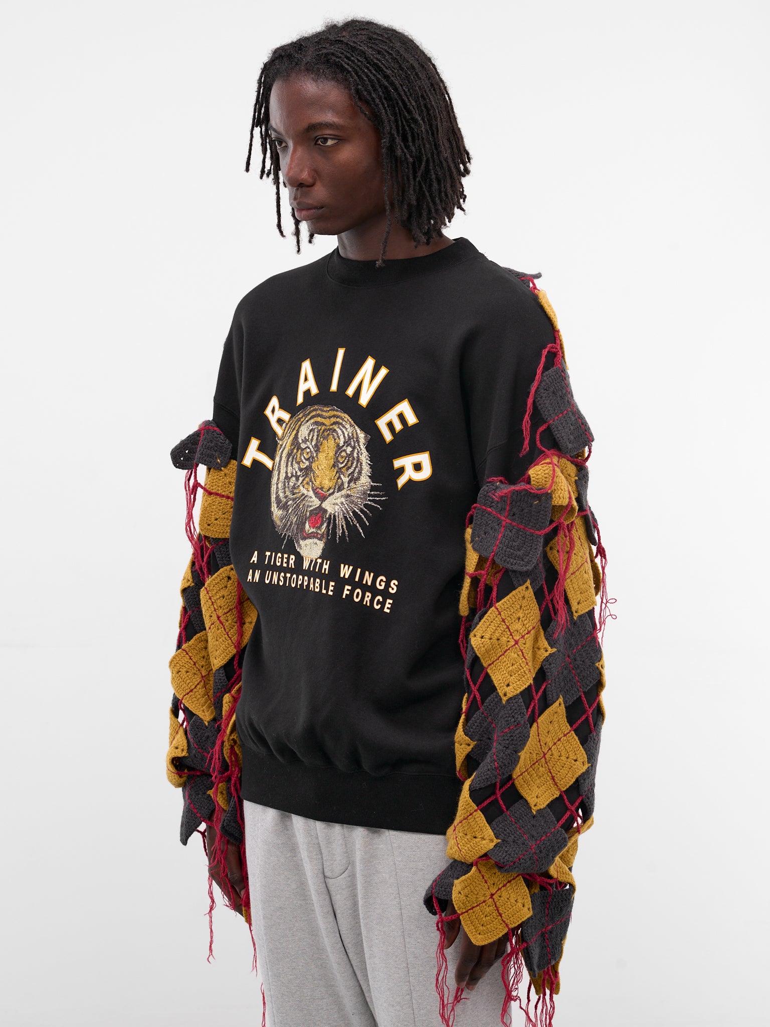 Black Argyle Knit Patchwork Sweatshirt (SW-SV-NGA-1006-BLACK)