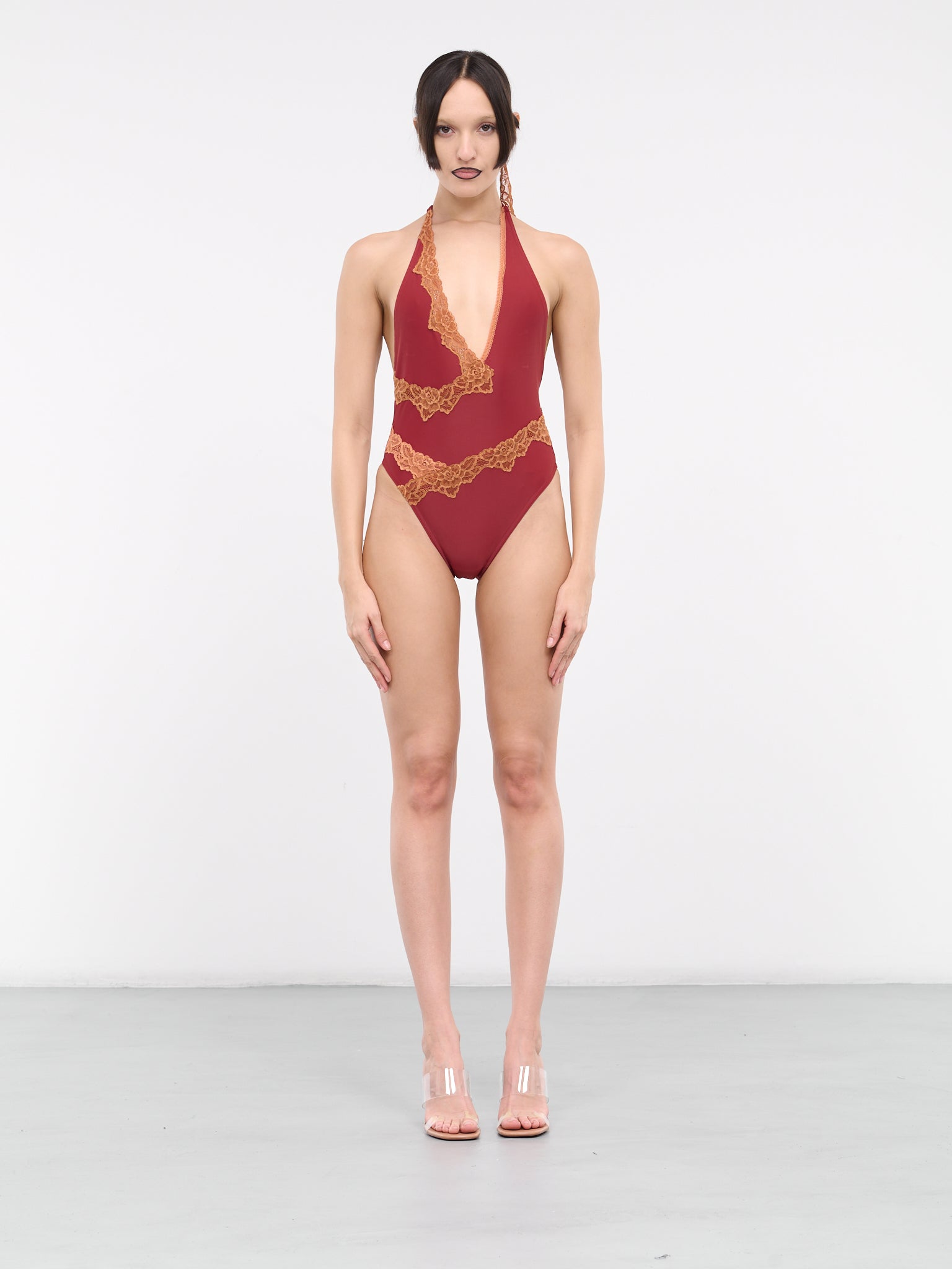 Lace Trim Asymmetric One-Piece Swimsuit (SW005-CAYENNE)