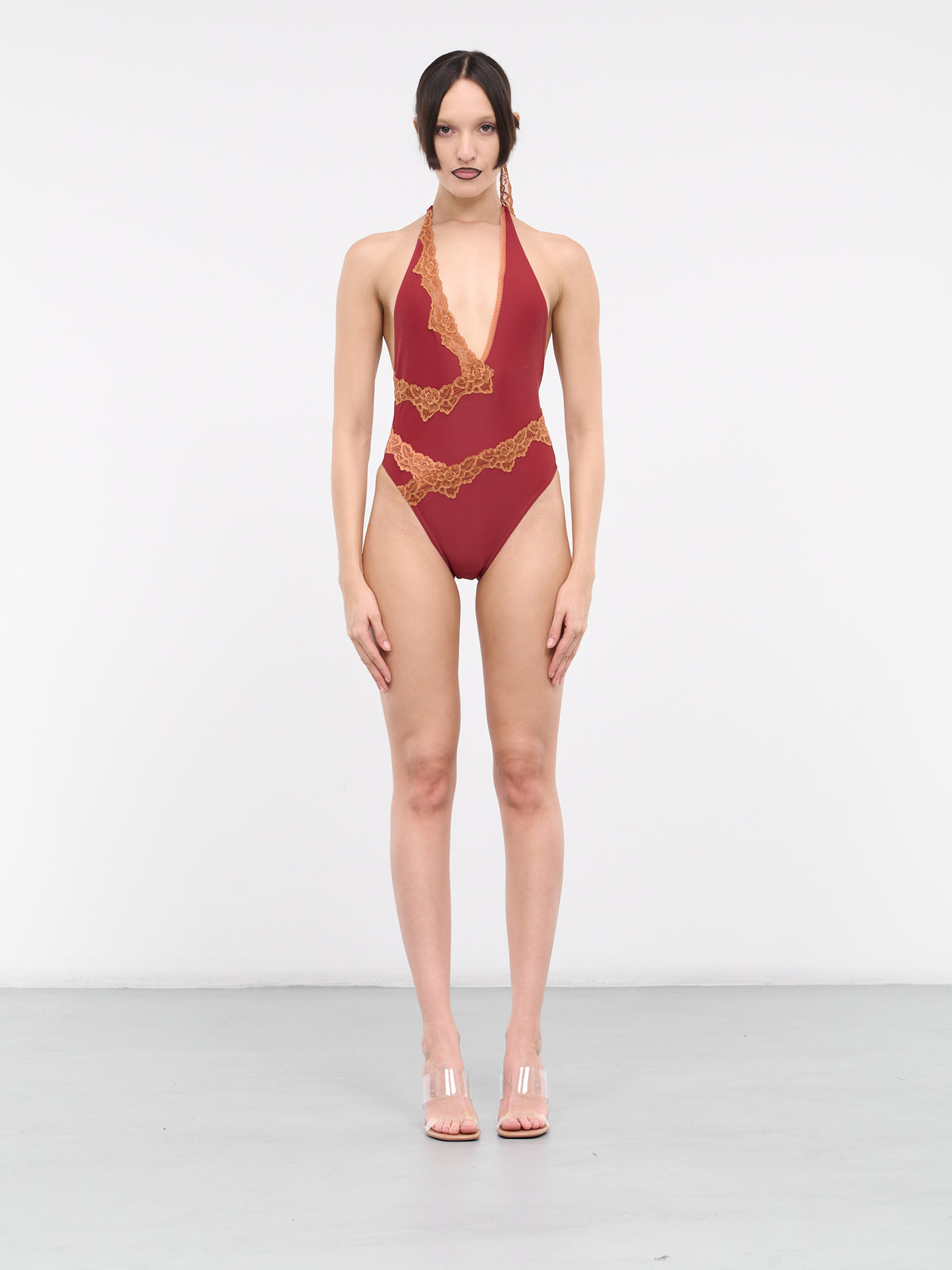 Lace Trim Asymmetric One-Piece Swimsuit (SW005-CAYENNE)