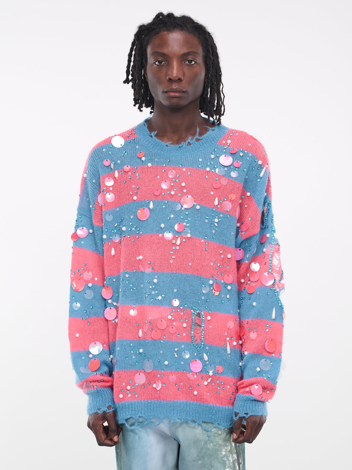 Crystal Stripe Distressed Sweater (SW123948101810-CYAN-BLUE)
