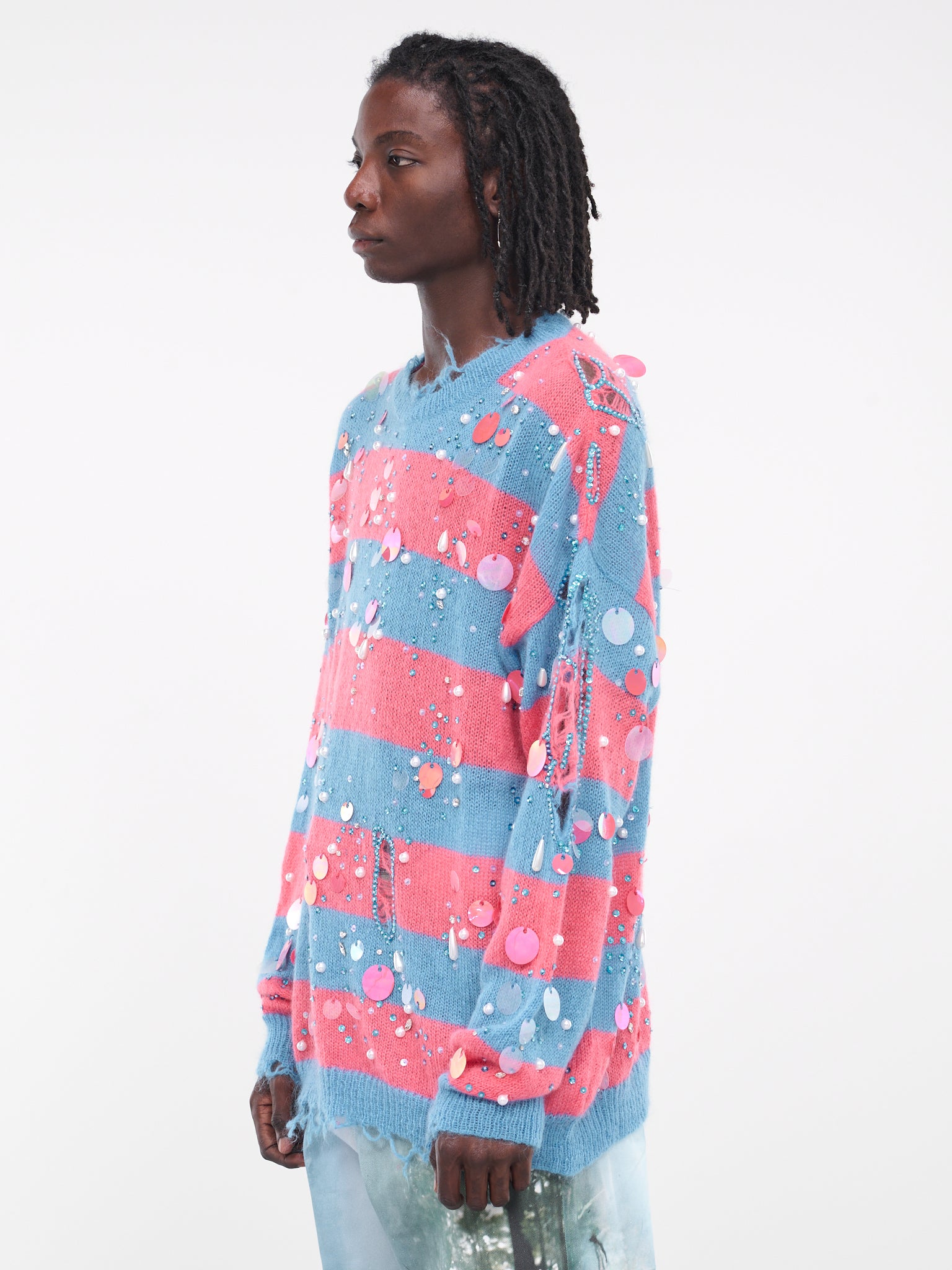 Crystal Stripe Distressed Sweater (SW123948101810-CYAN-BLUE)
