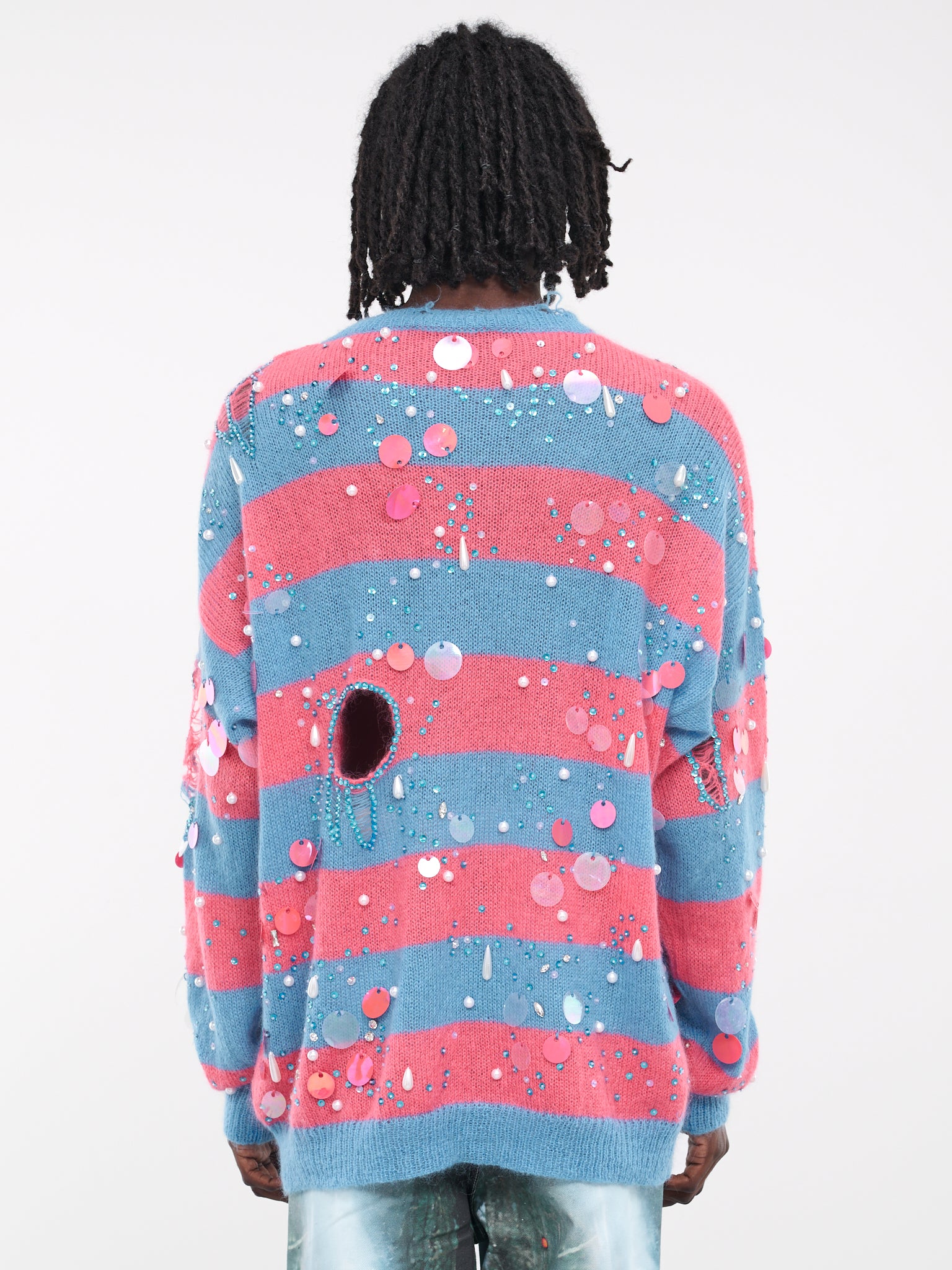 Crystal Stripe Distressed Sweater (SW123948101810-CYAN-BLUE)
