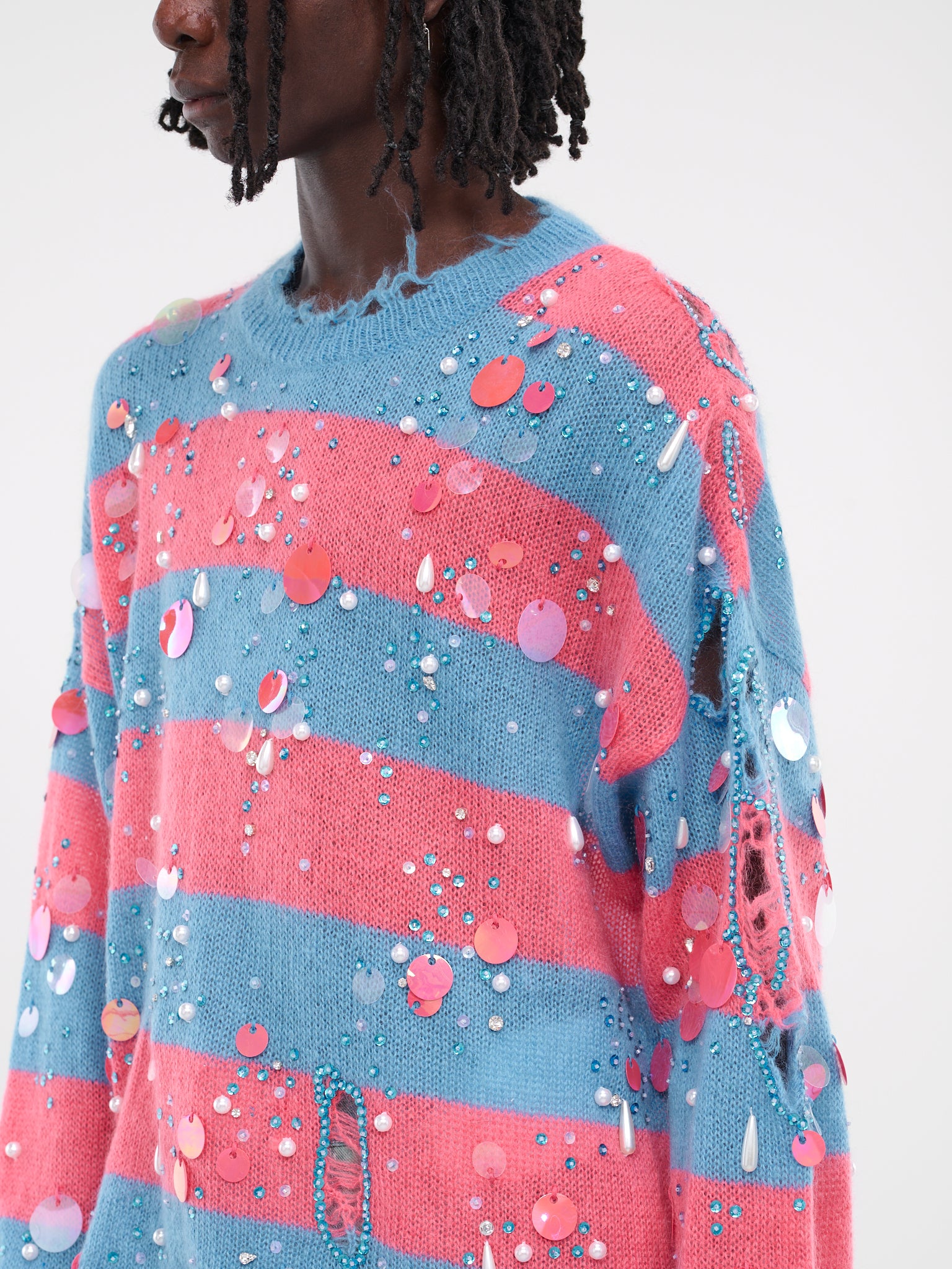 Crystal Stripe Distressed Sweater (SW123948101810-CYAN-BLUE)