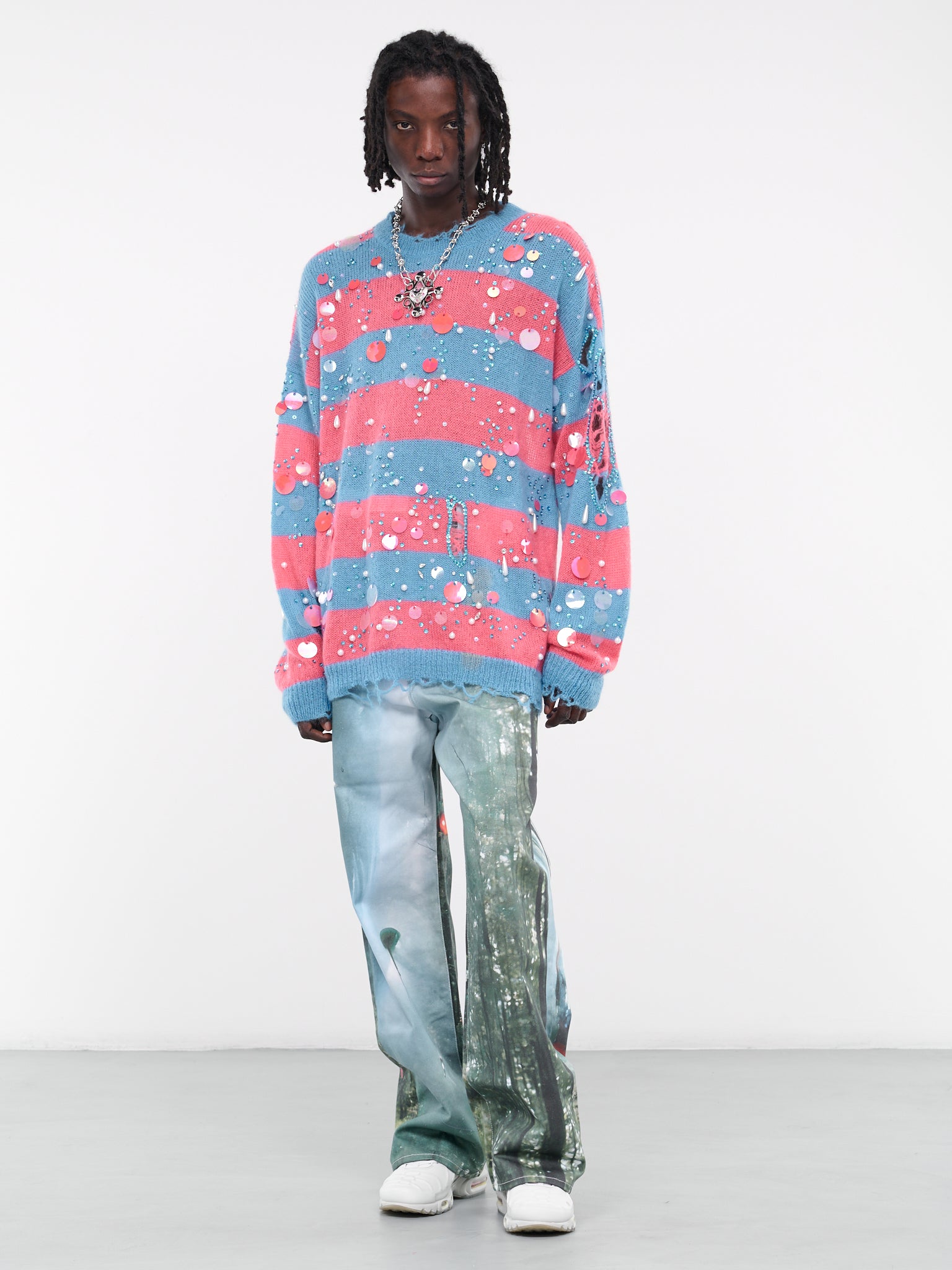 Crystal Stripe Distressed Sweater (SW123948101810-CYAN-BLUE)