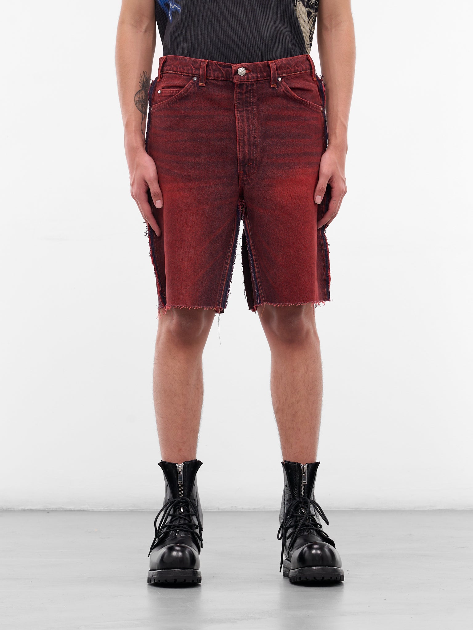 Red Switchblade Deconstructed Denim Shorts (SWITCHBLADE-RED)