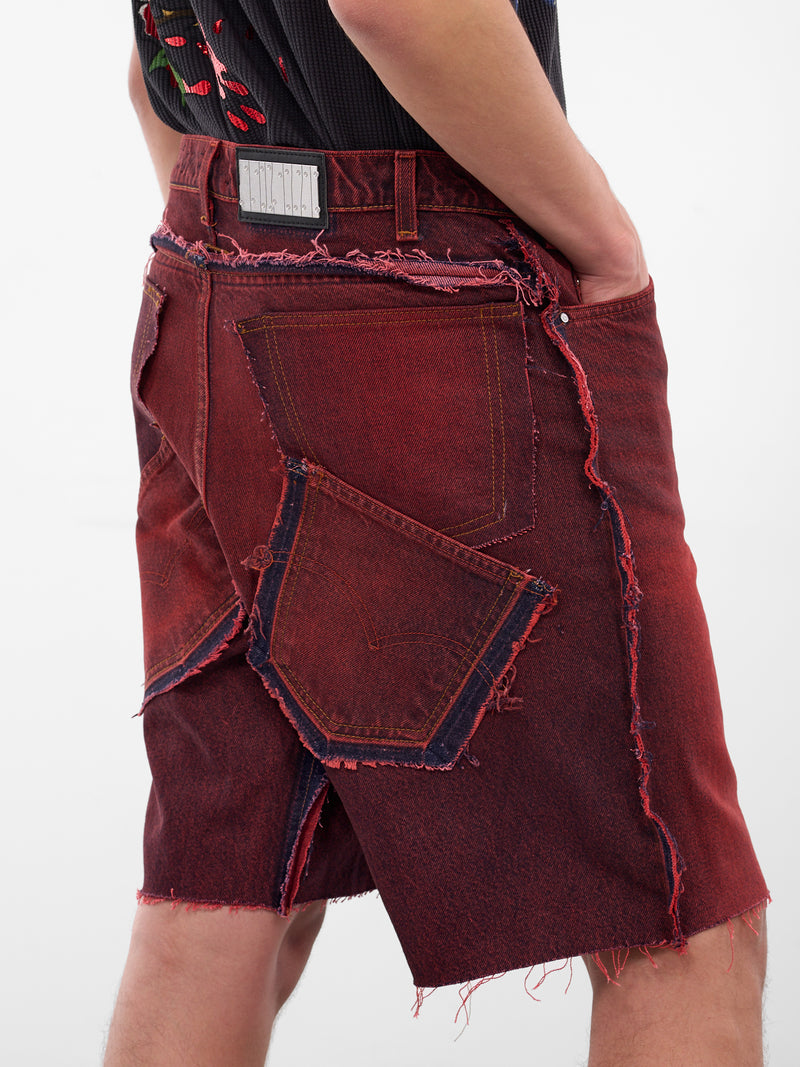 Red Switchblade Deconstructed Denim Shorts (SWITCHBLADE-RED)