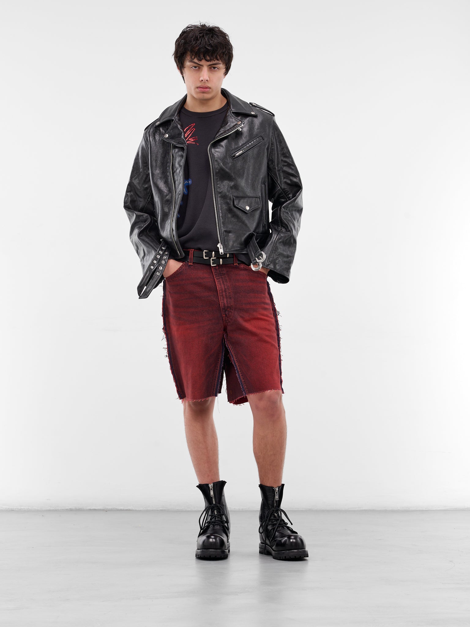 Red Switchblade Deconstructed Denim Shorts (SWITCHBLADE-RED)