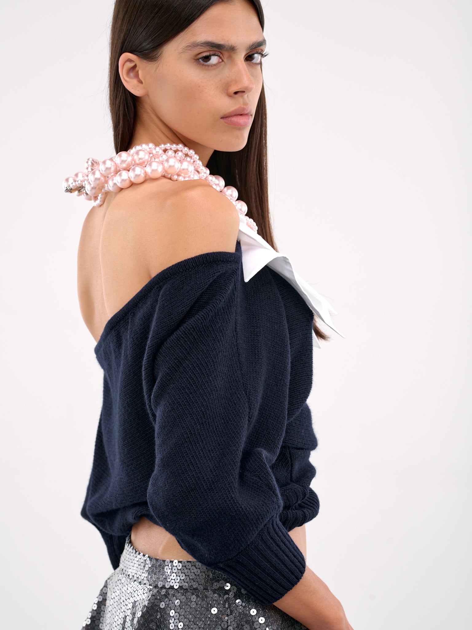 Suspended Necklace Sweater (T024-NAVY-WHITE-PINK)
