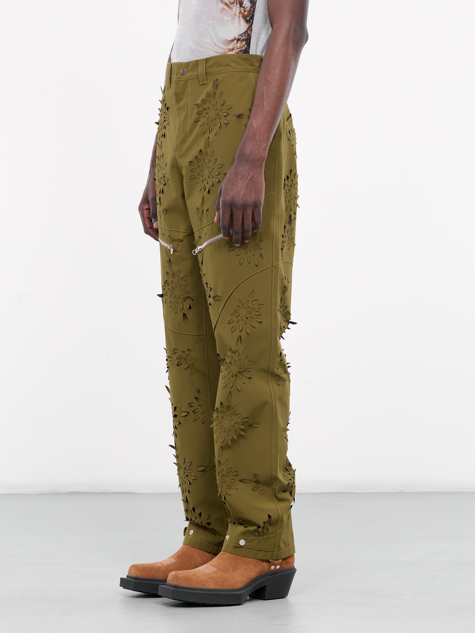 Laser-Slashed Flower Trousers (T08-YELLOW-GREEN)