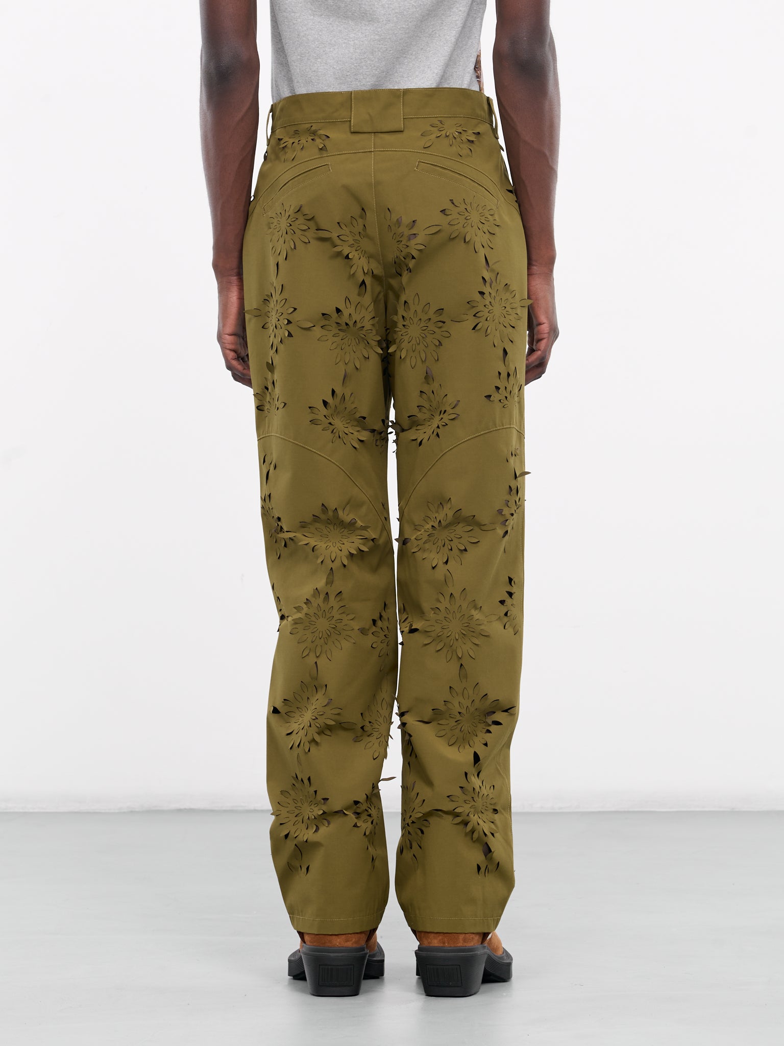 Laser-Slashed Flower Trousers (T08-YELLOW-GREEN)