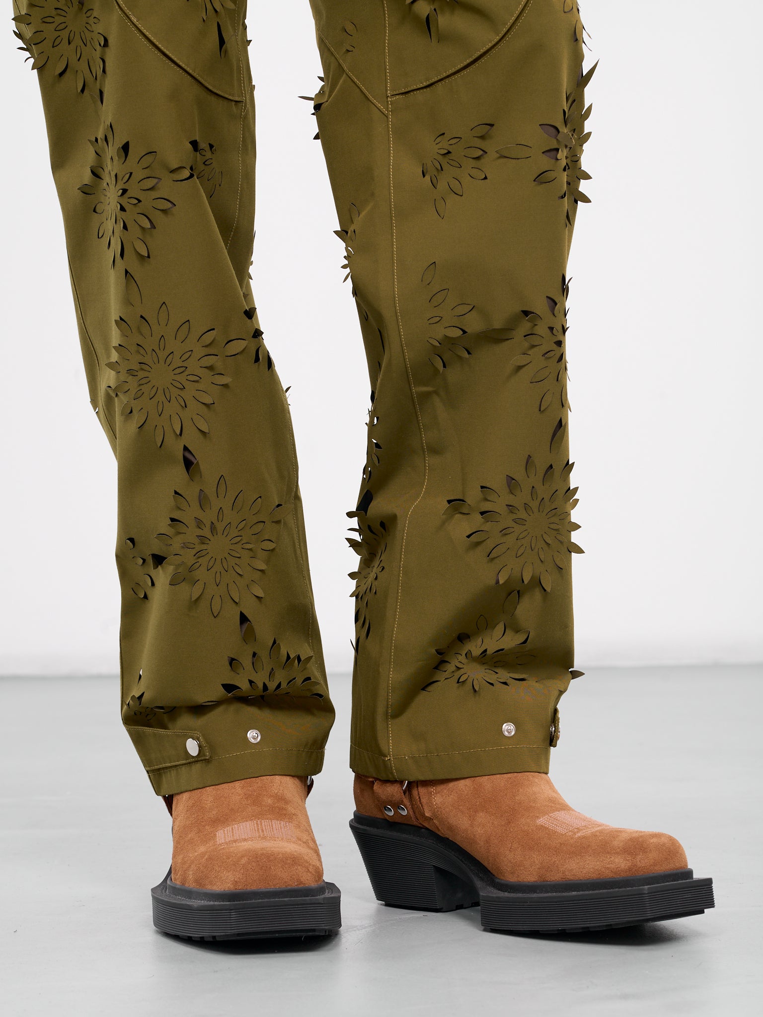 Laser-Slashed Flower Trousers (T08-YELLOW-GREEN)