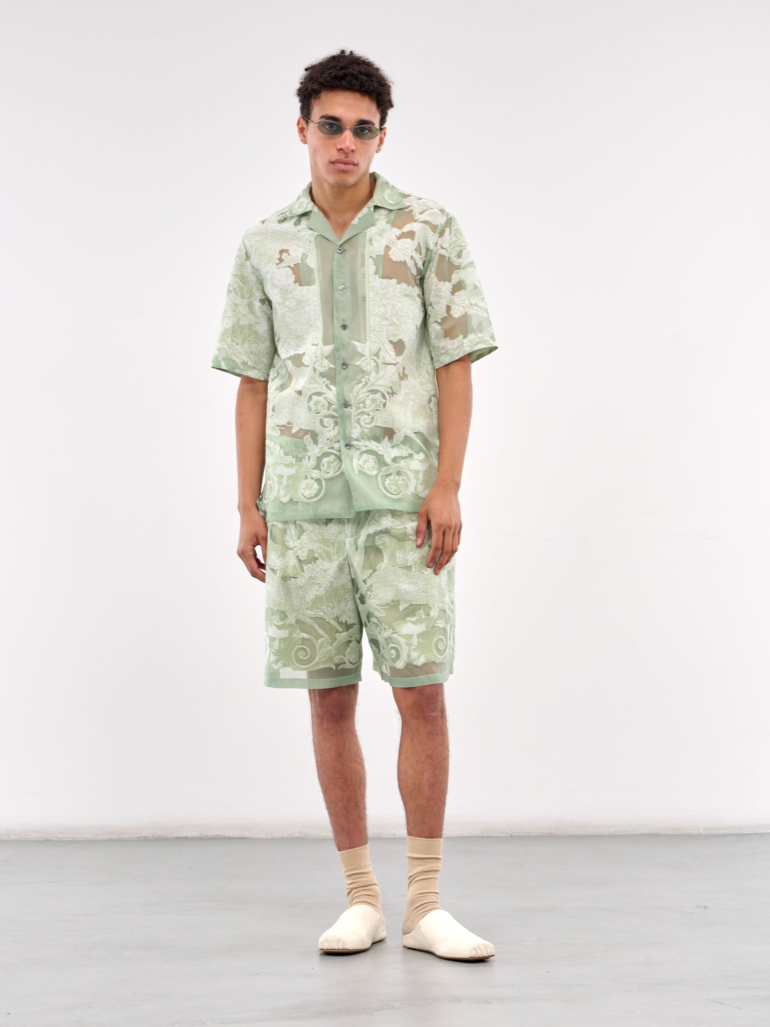 Sheer Printed Drawstring Shorts (PT037-GREEN)