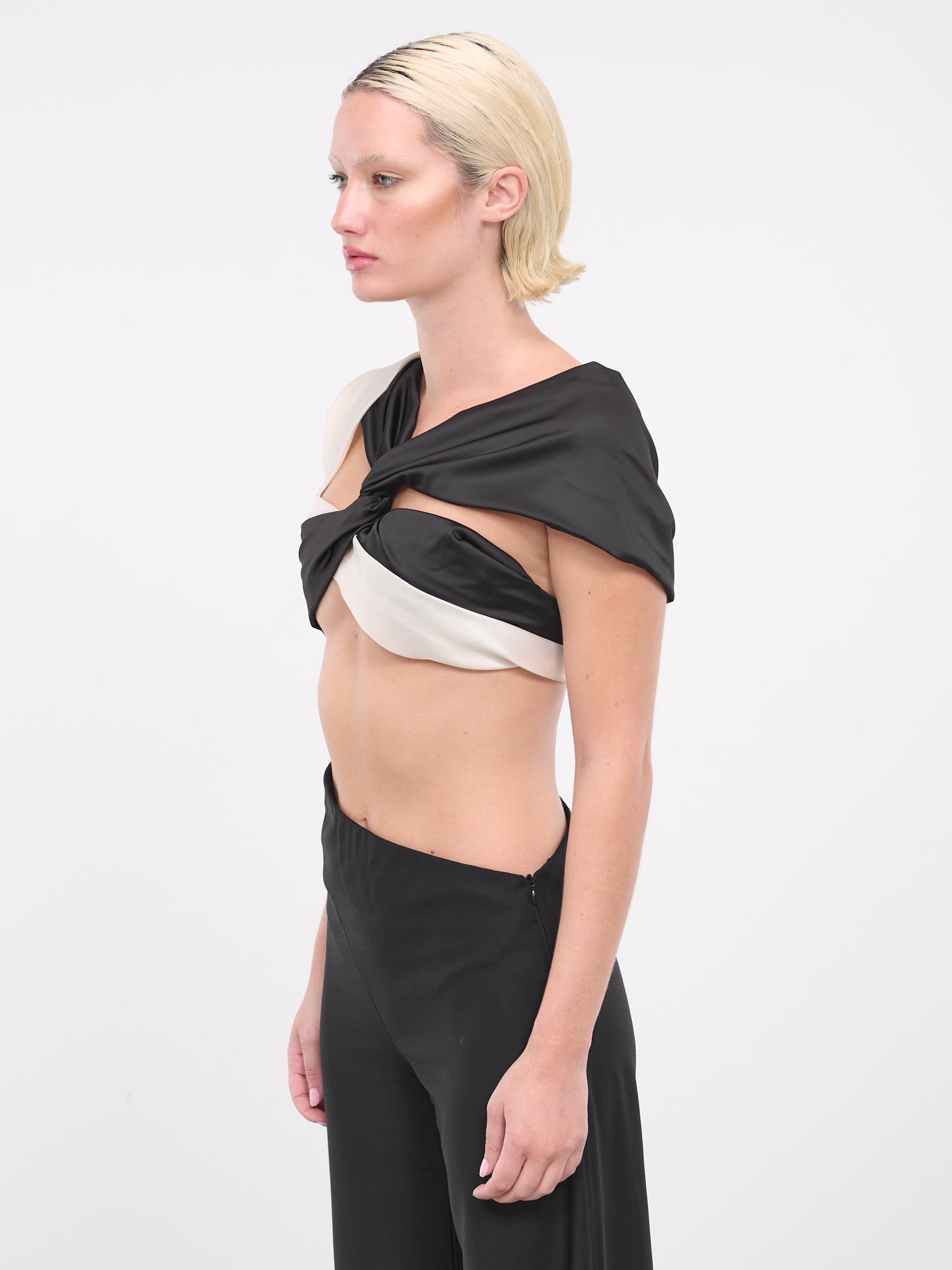 Twisted Draped Silk Top (TO-BW01-WHITE-BLACK)