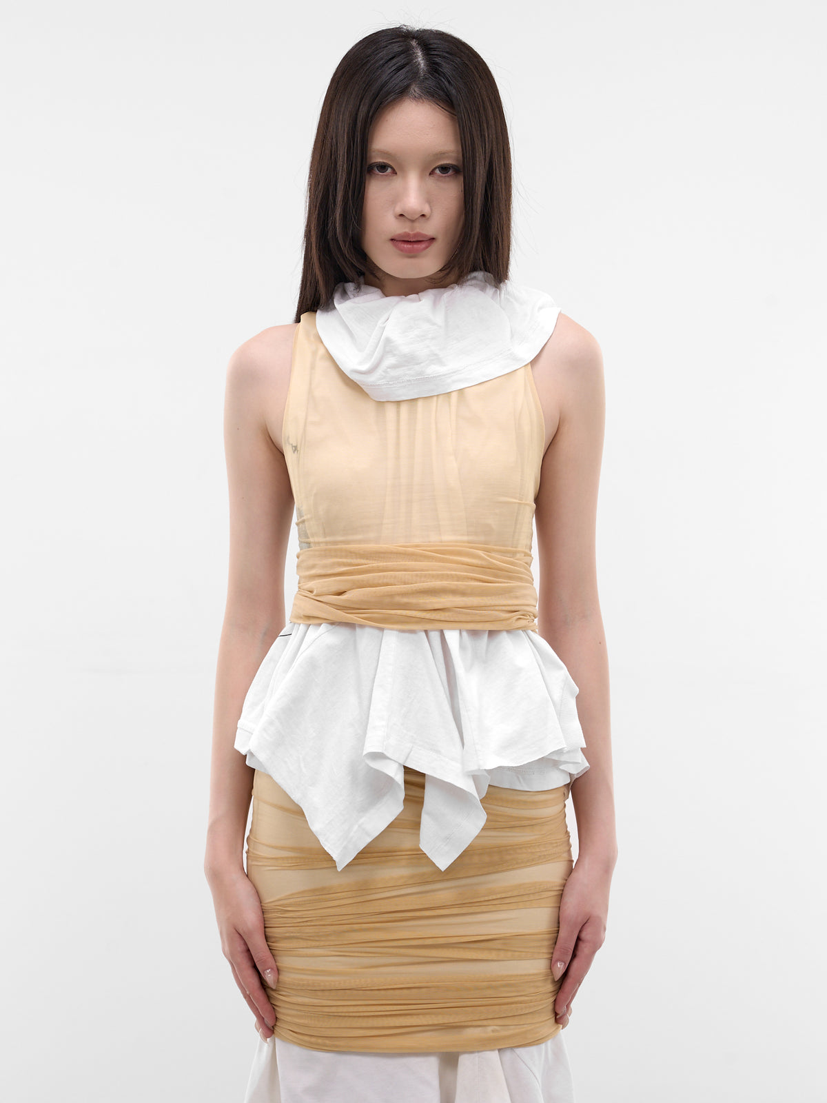Layered T-Shirt & Mesh Wrap Top (TO-COM-1-WHITE-MESH)