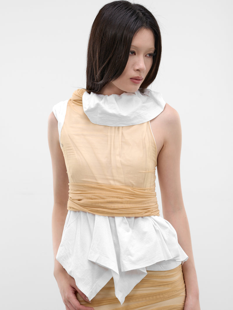 Layered T-Shirt & Mesh Wrap Top (TO-COM-1-WHITE-MESH)