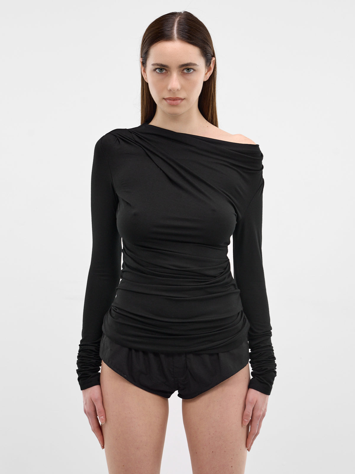 Black Draped Long Sleeve Top (TO02243-BLACK)