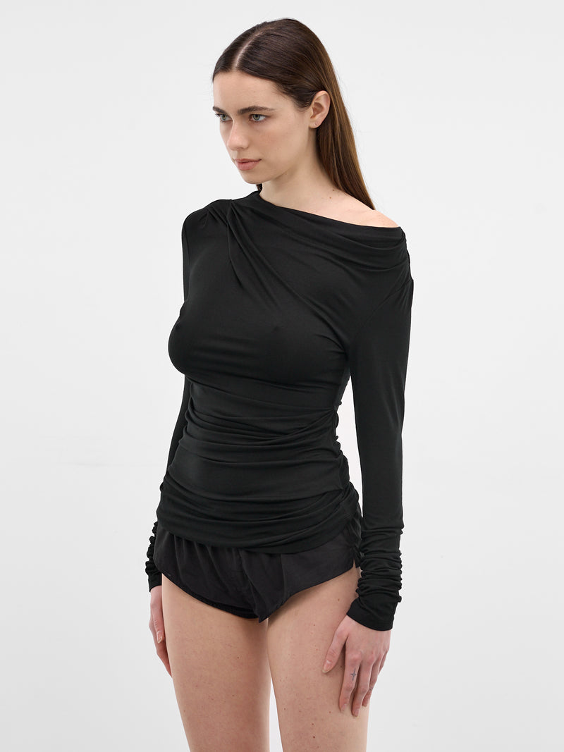 Black Draped Long Sleeve Top (TO02243-BLACK)