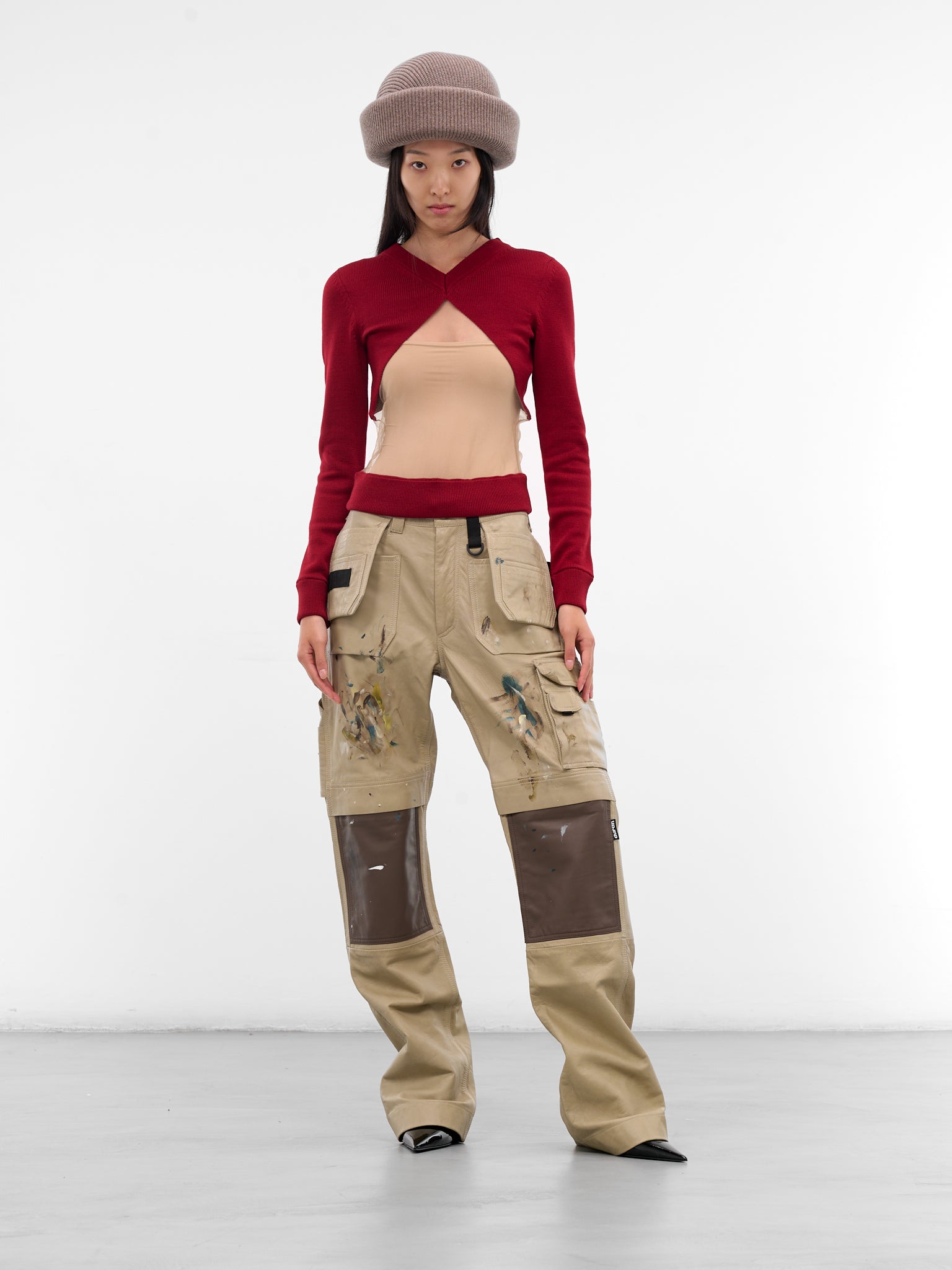 Beige Painted Leather Cargo Pants (PA01972-5002-TAUPE)