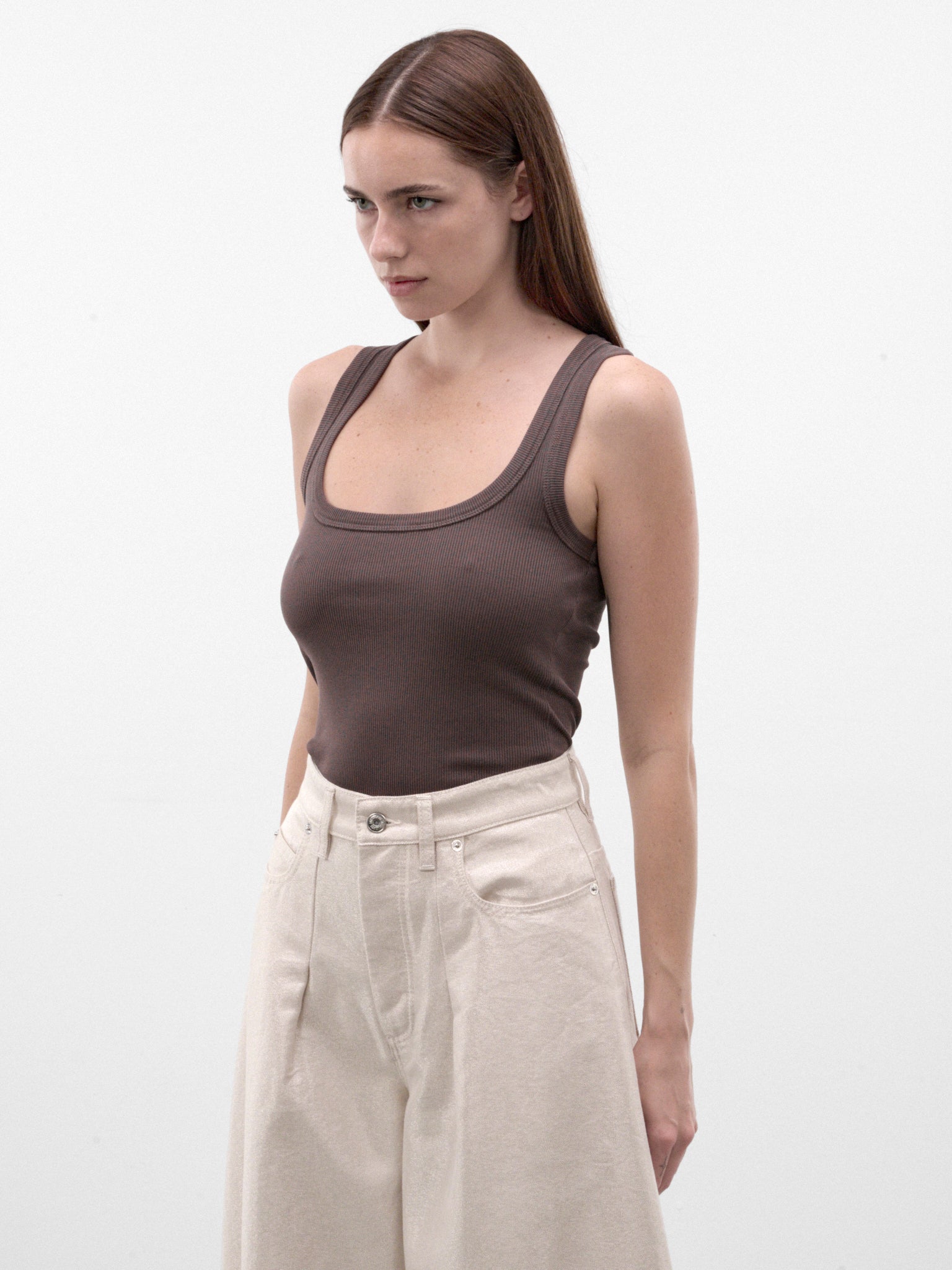 Brown Cotton Ribbed Tank Top (TOW00158AJ00125-BROWN)