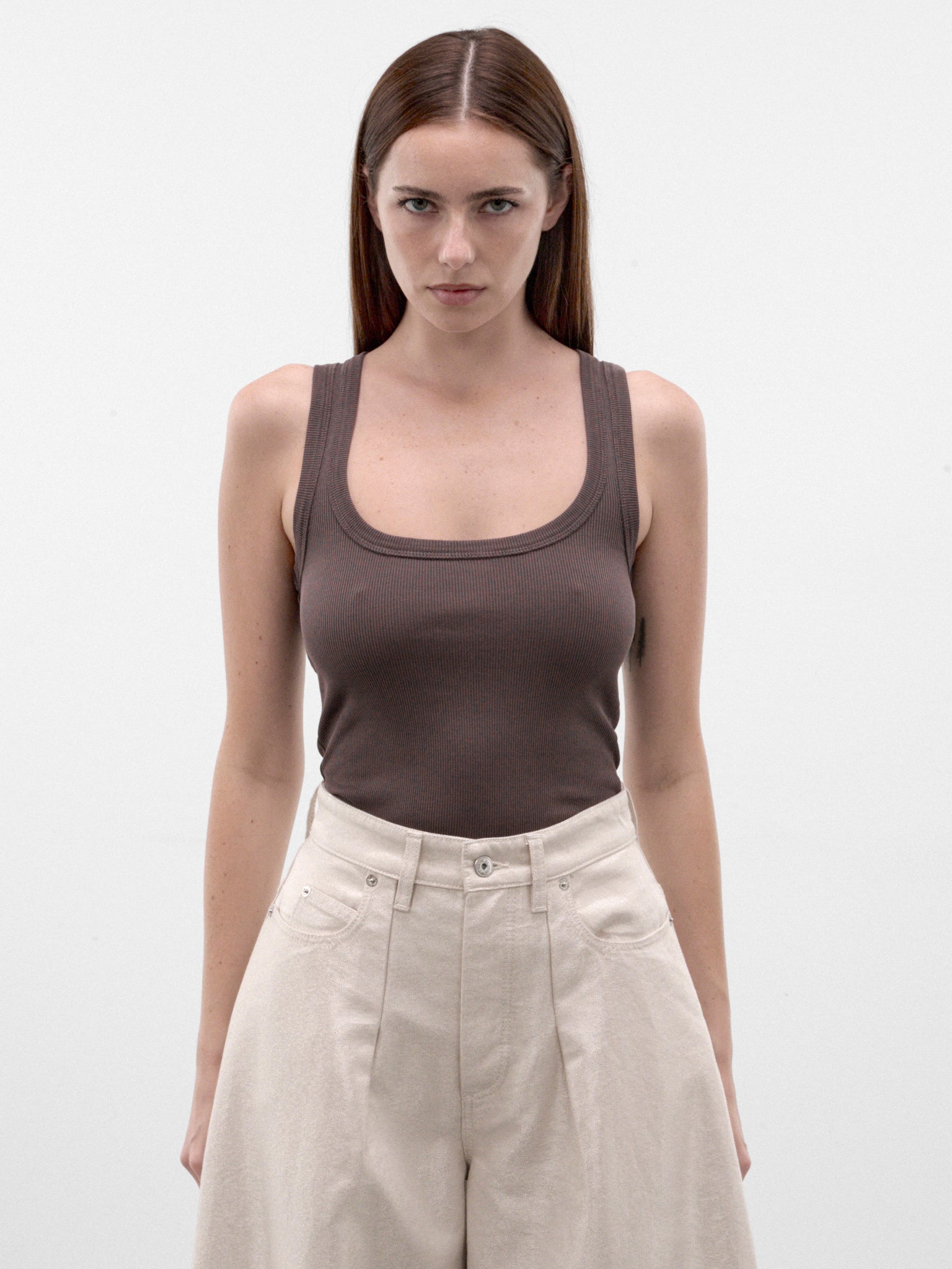 Brown Cotton Ribbed Tank Top (TOW00158AJ00125-BROWN)