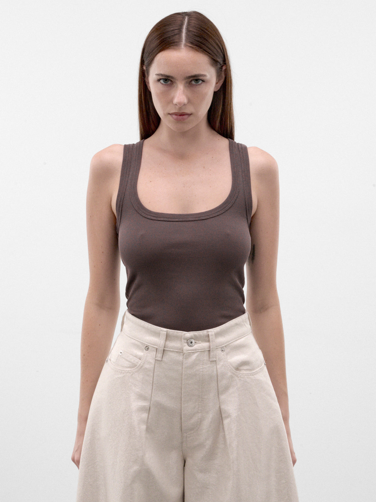 Brown Cotton Ribbed Tank Top (TOW00158AJ00125-BROWN)