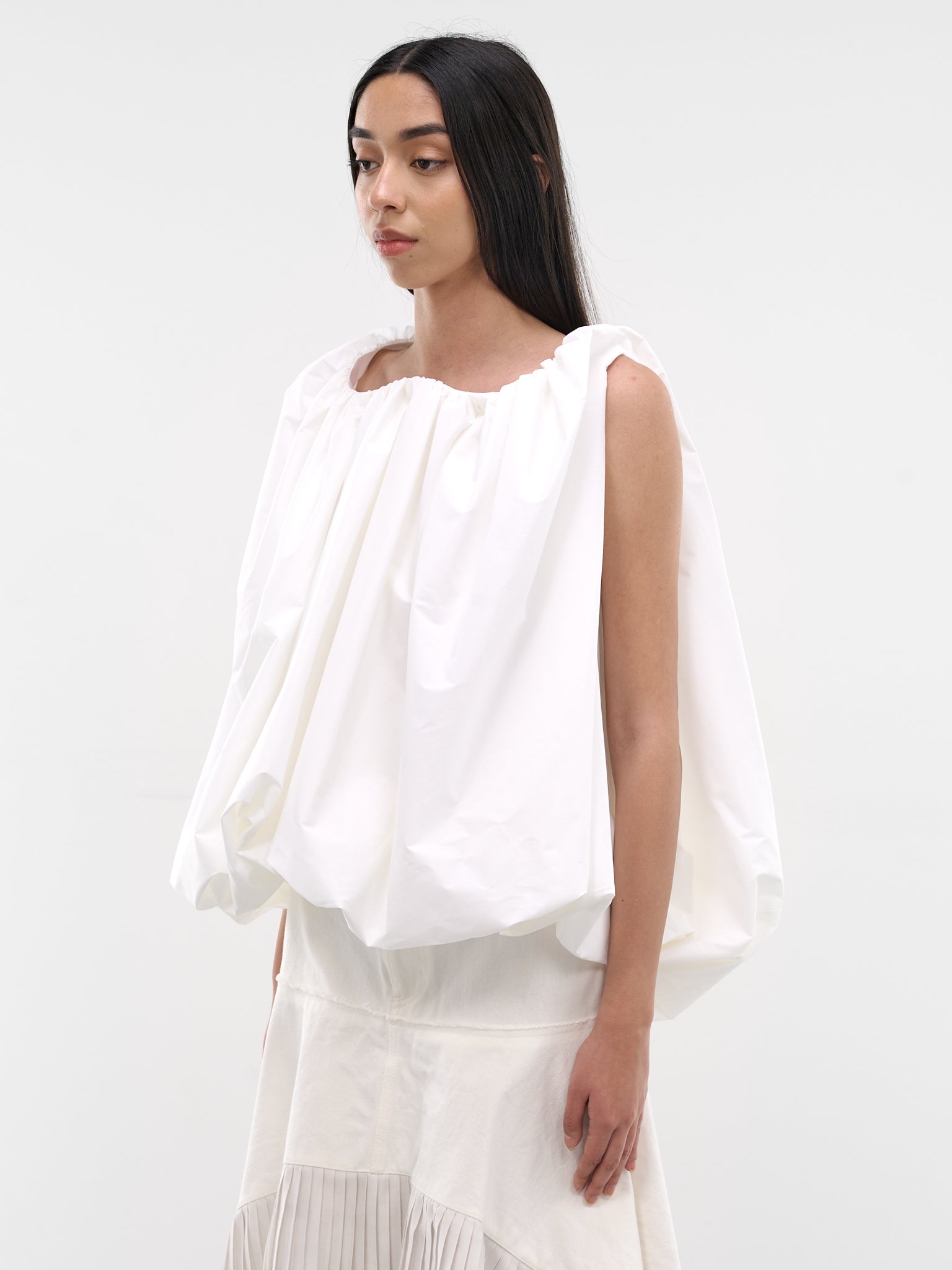 White Draped Bouffant Bubble Blouse (TOW00888AW00770-WHITE)