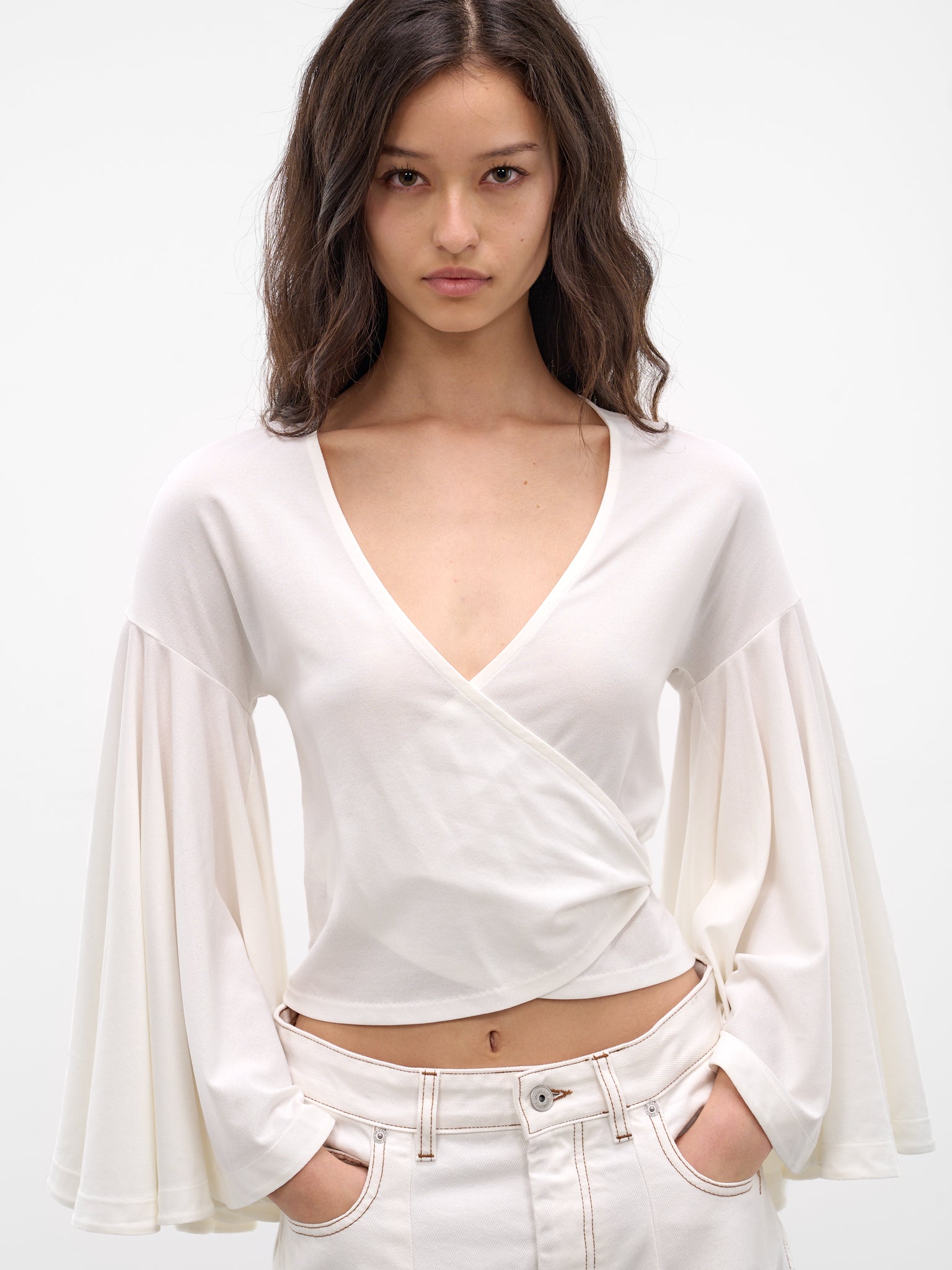 White Tie-Fastened Draped Blouse (TOW00905AJ00254-WHITE)